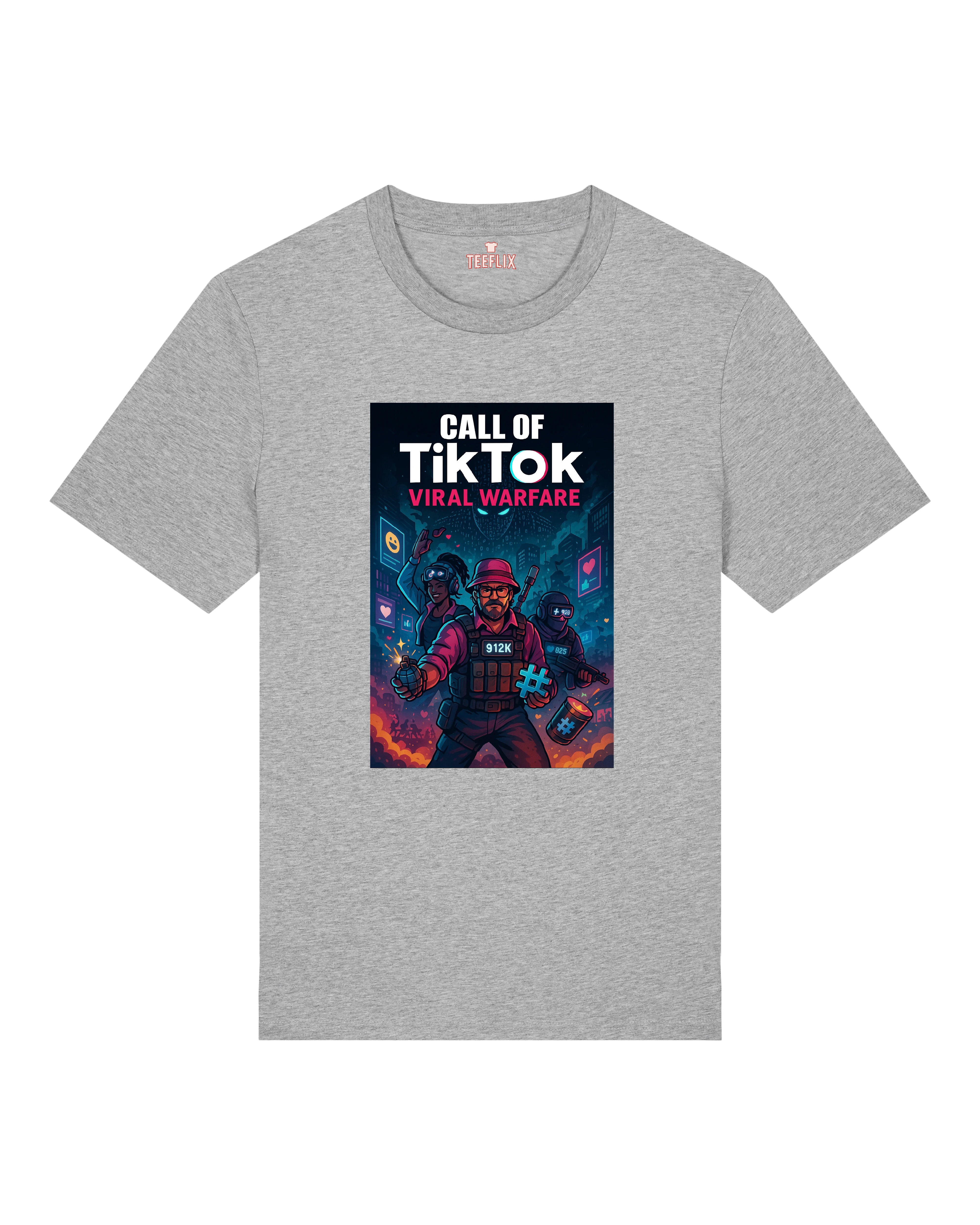 Graues T-Shirt mit digitalem Comic-Motiv: Social-Media-Soldaten und Symbole wie Likes, Emojis, Hashtags.