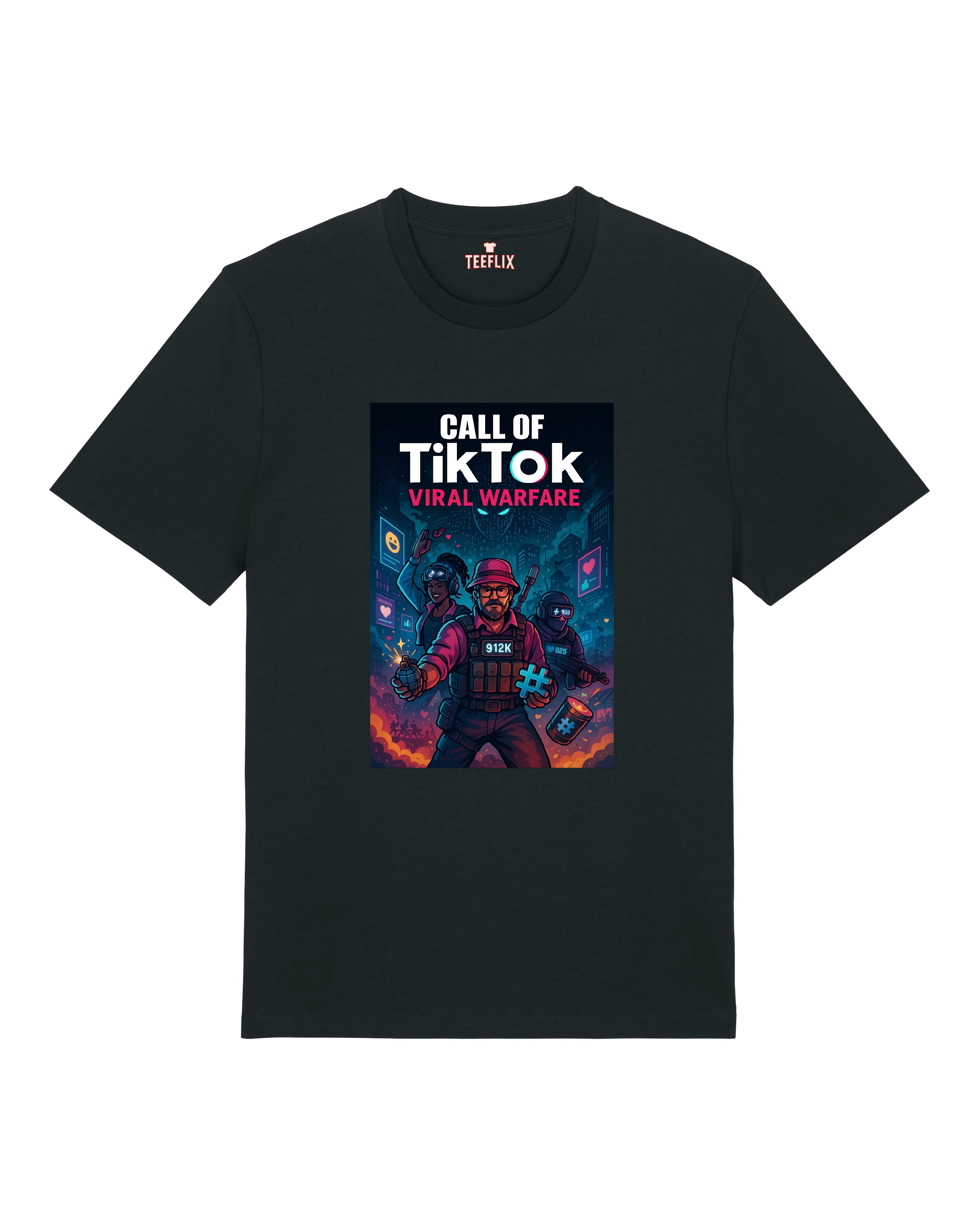 Schwarzes T-Shirt mit futuristischem „Call of TikTok – Viral Warfare“-Design, zeigt Einsatzteam mit Hashtag-Granate in Neonfarben.