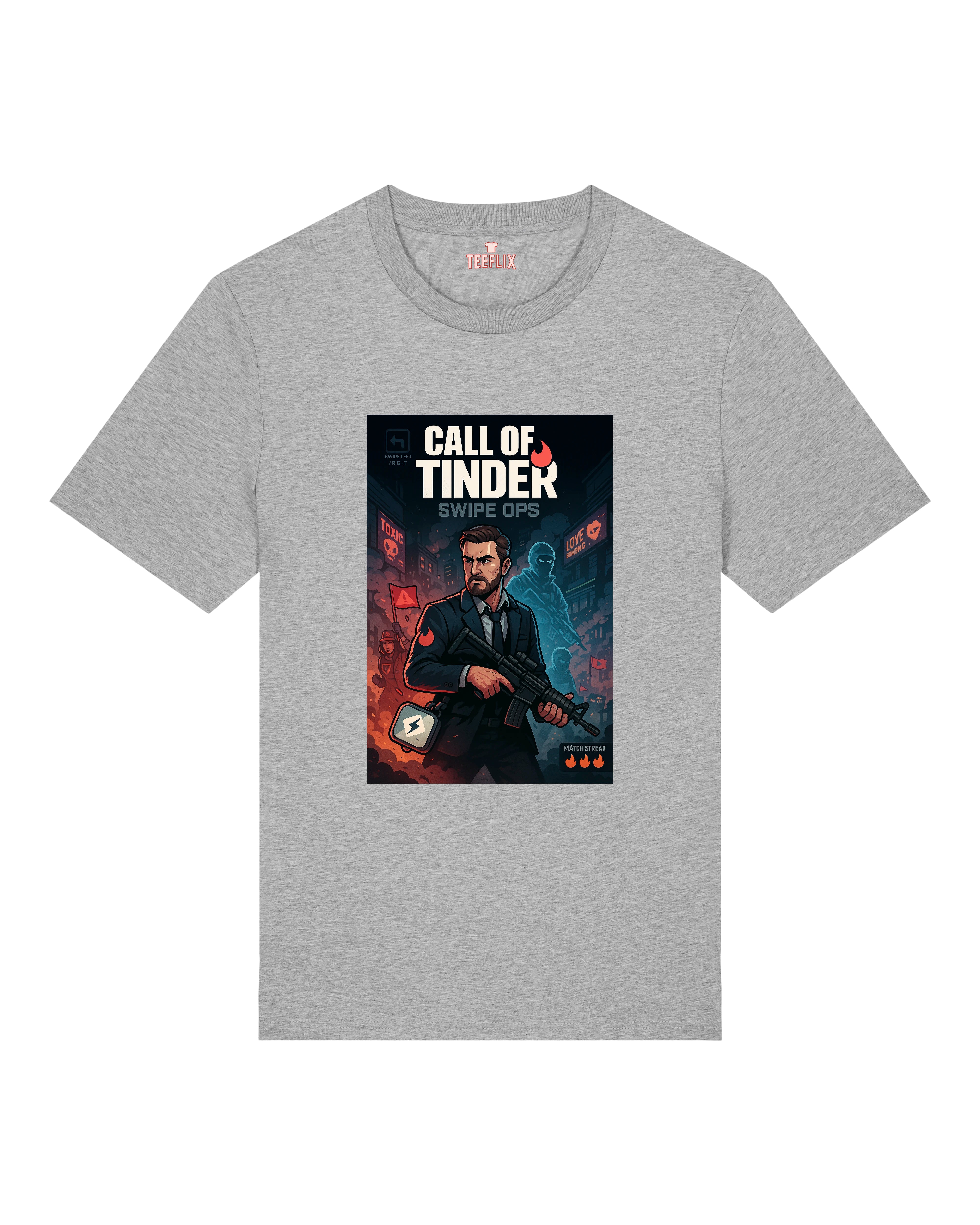 Graues Shirt mit illustrativem Print: Match-Agent in Halb-Rot-Halb-Blau-Optik, inspiriert von App-Kultur.