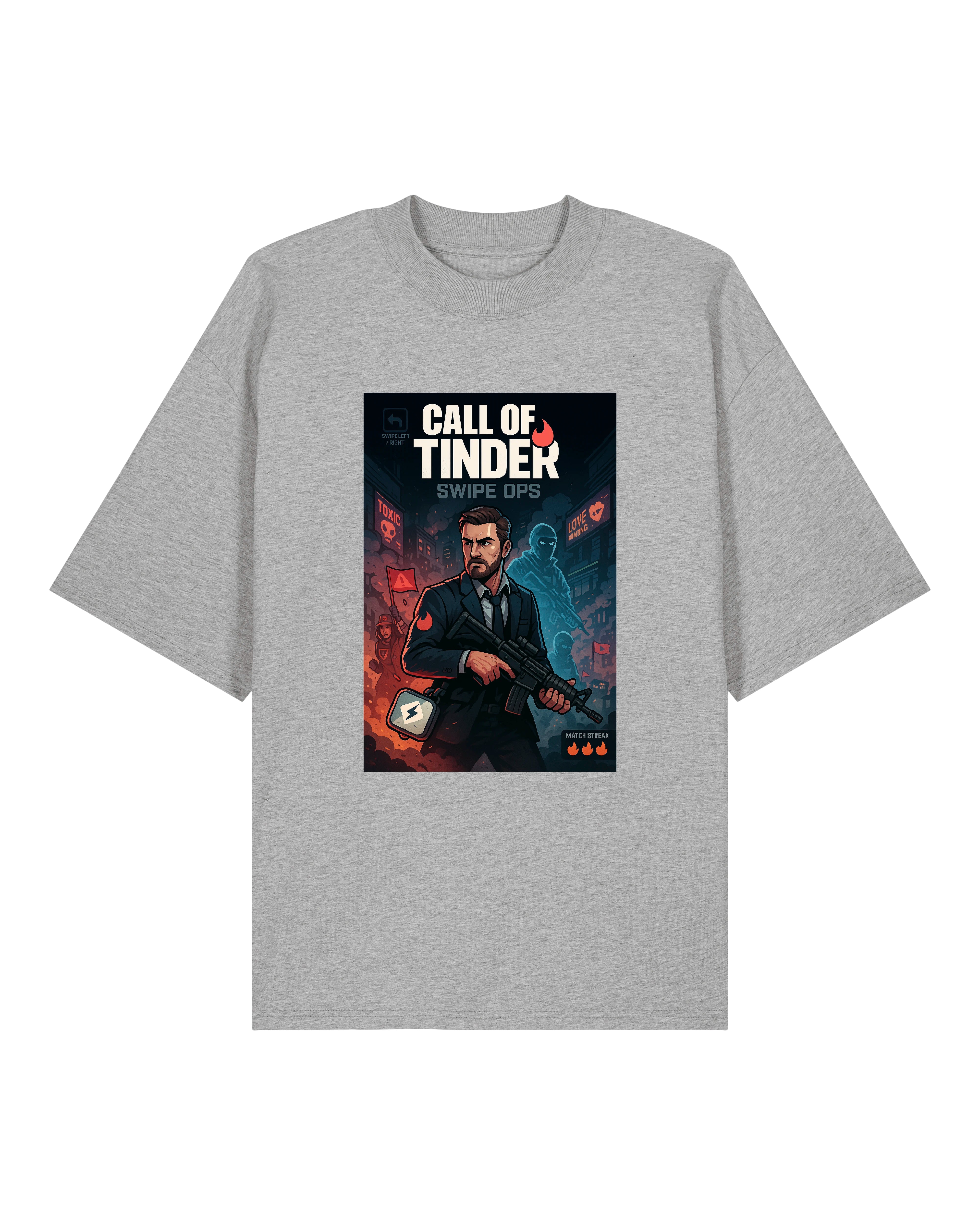 Graues Shirt mit illustrativem Print: Match-Agent in Halb-Rot-Halb-Blau-Optik, inspiriert von App-Kultur.
