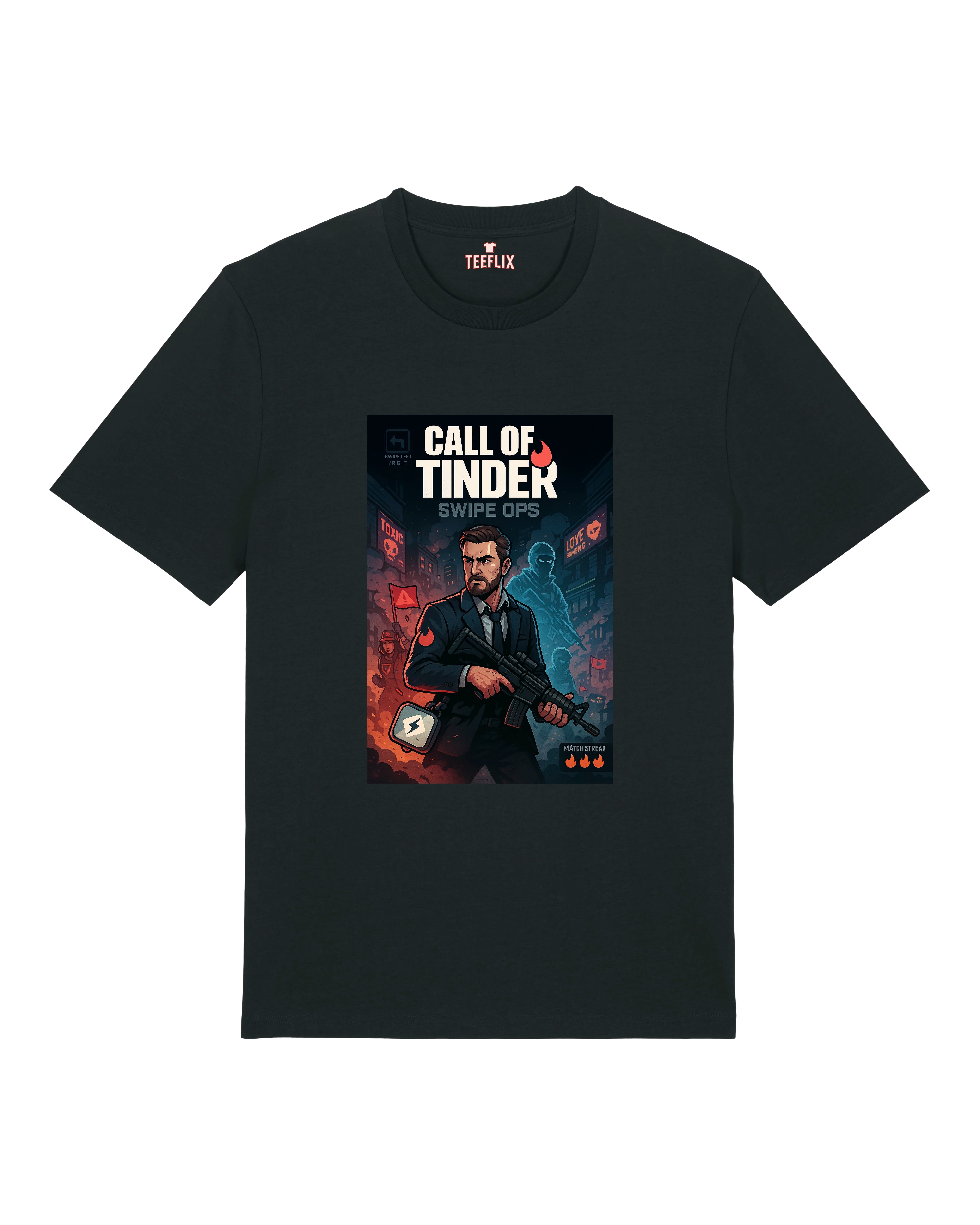 Schwarzes T-Shirt mit „Call of Tinder – Swipe Ops“-Design: Mann im Anzug mit Waffe und Dating-Symbolen im Hintergrund.
