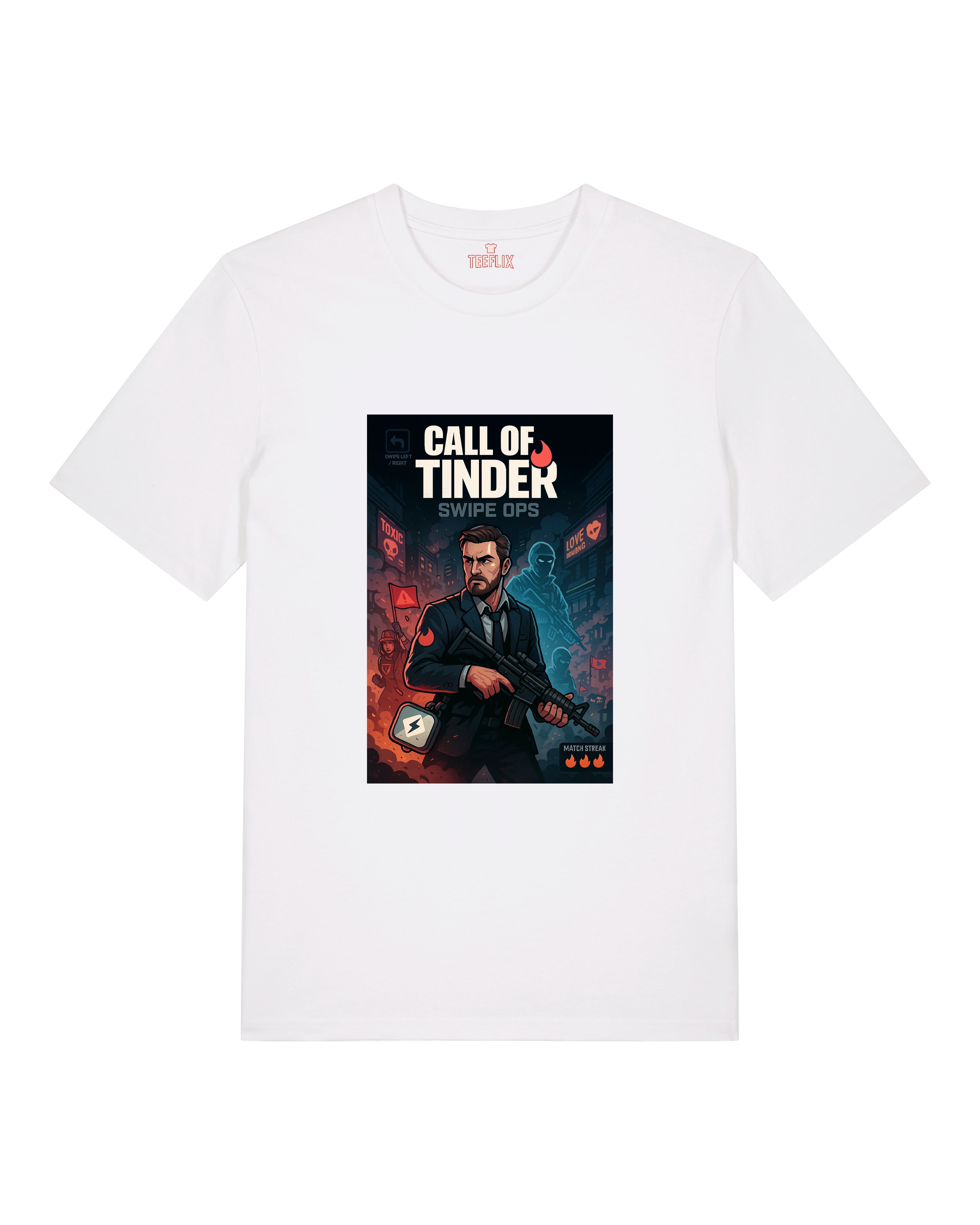 Weißes T-Shirt mit comicartigem Motiv eines Dating-Kriegers – perfekt für Humor & Social Commentary.