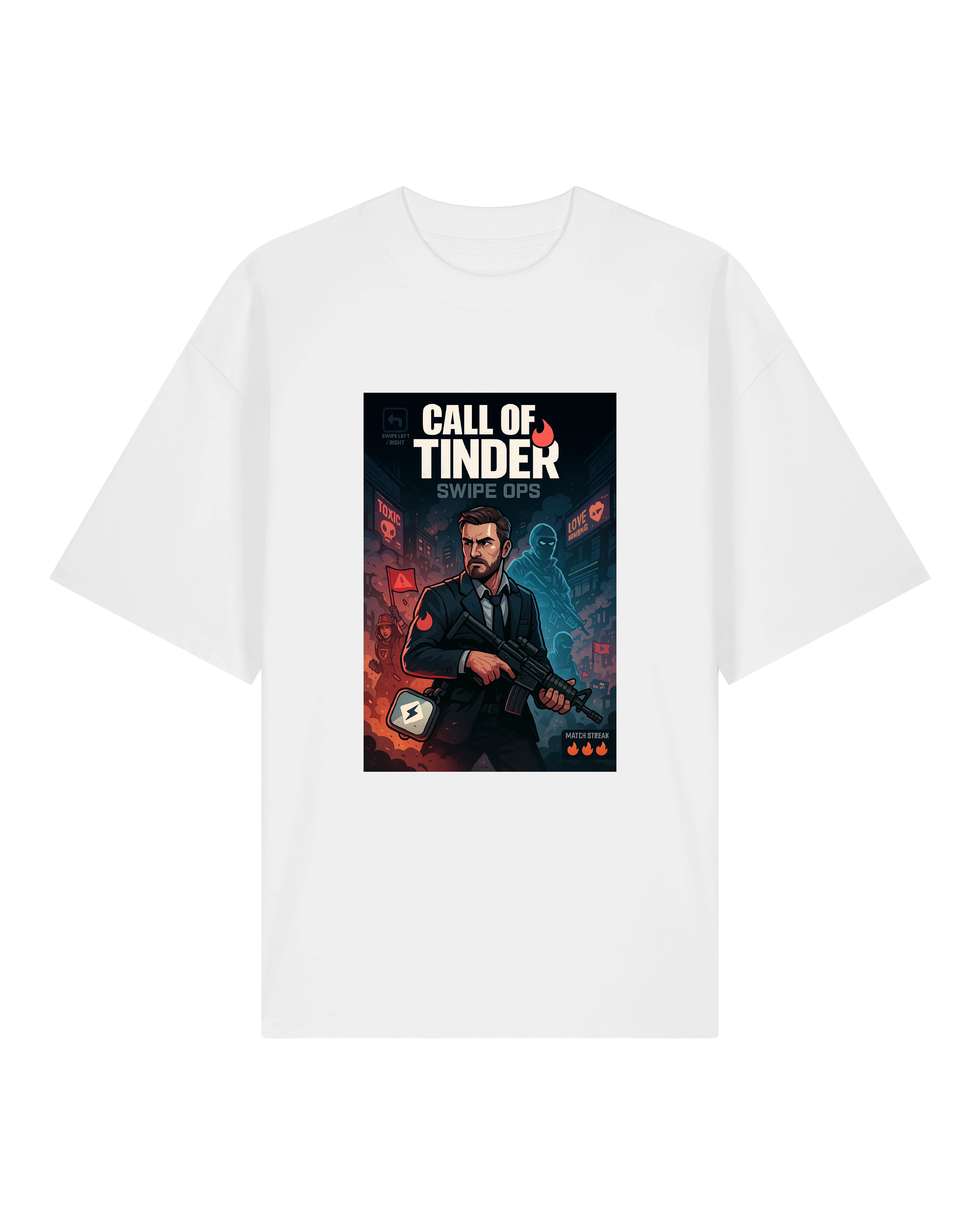 Weißes T-Shirt mit comicartigem Motiv eines Dating-Kriegers – perfekt für Humor & Social Commentary.