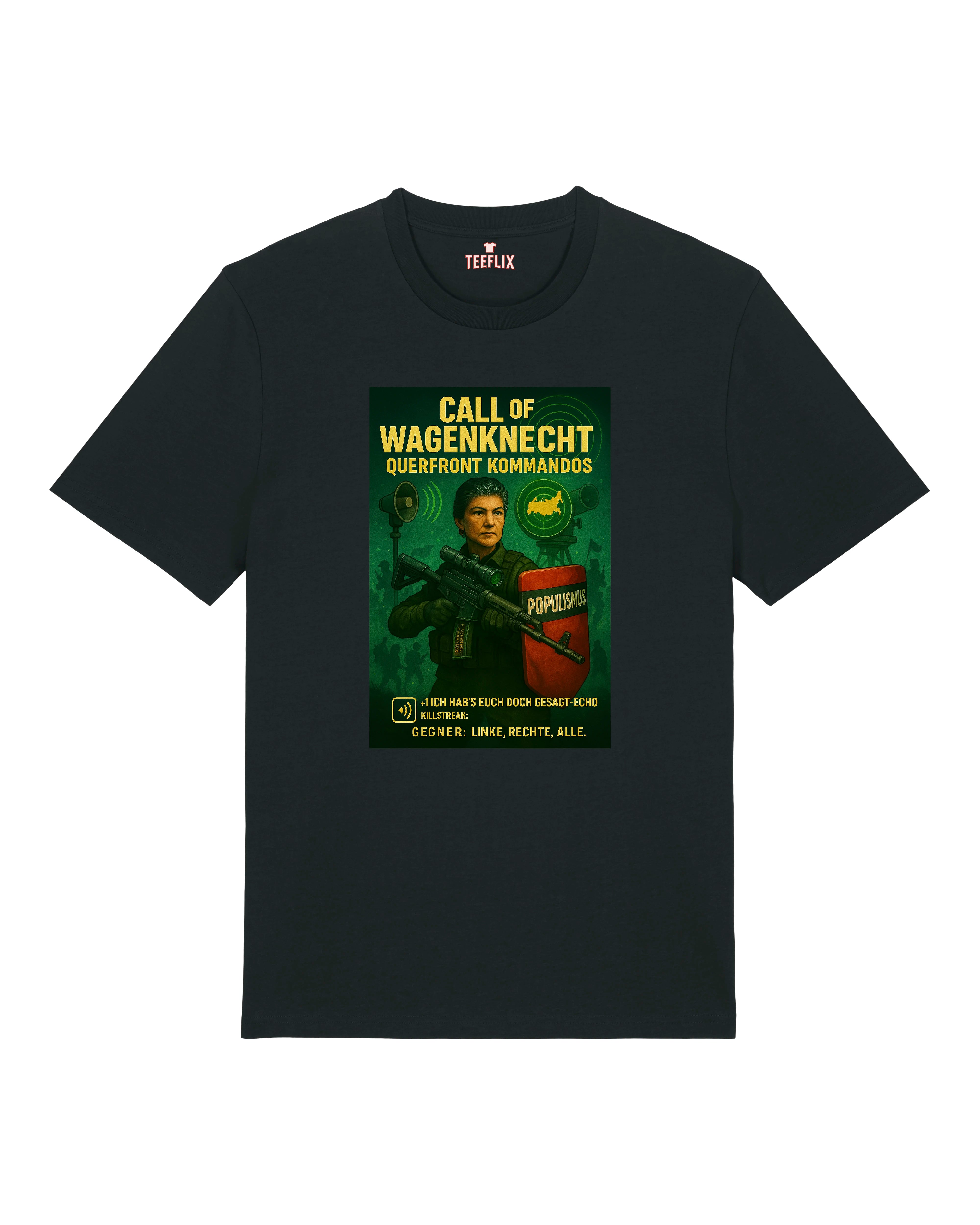 Schwarzes Statement-T-Shirt mit Sahra Wagenknecht im Videogame-Design