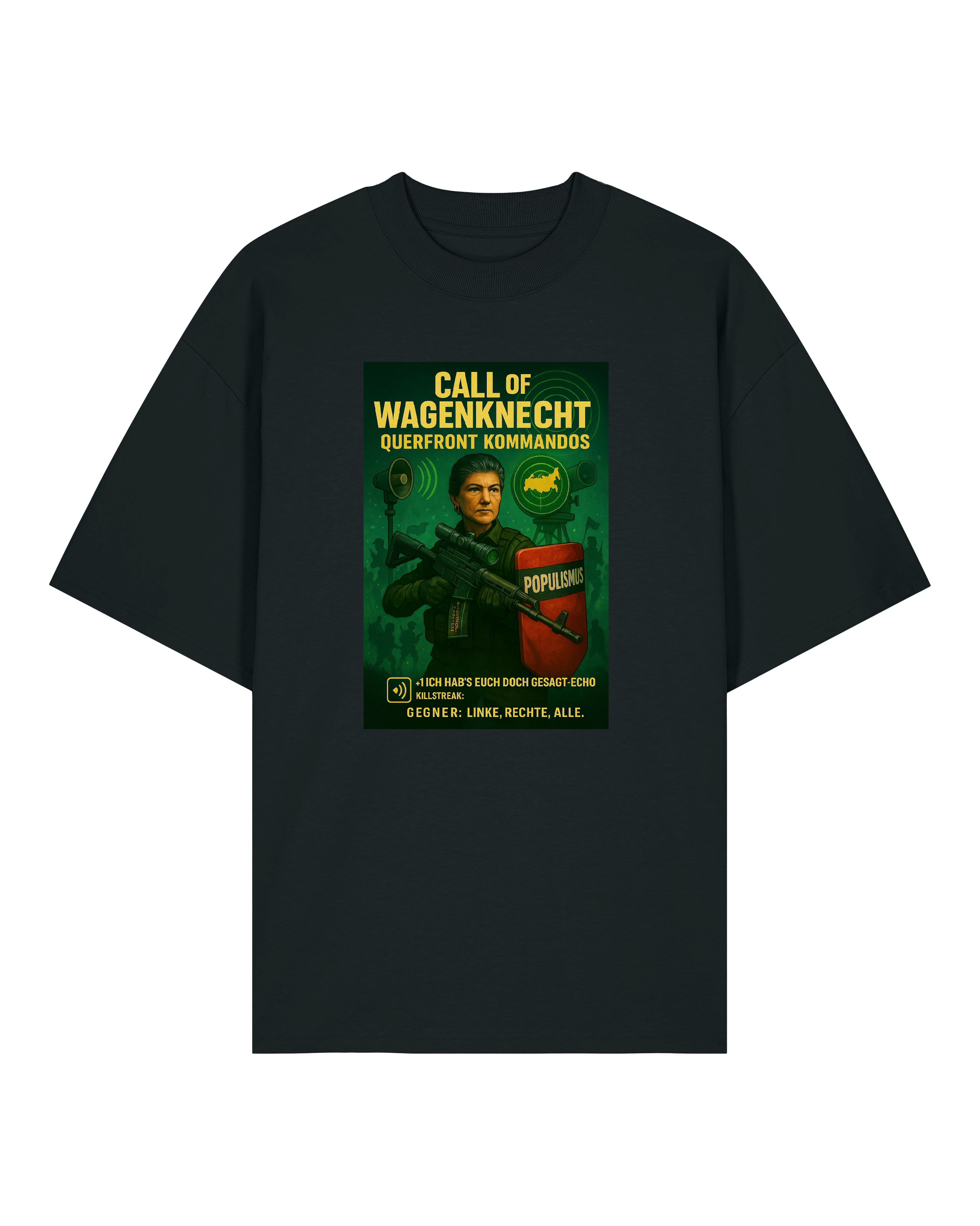 Schwarzes Statement-T-Shirt mit Sahra Wagenknecht im Videogame-Design
