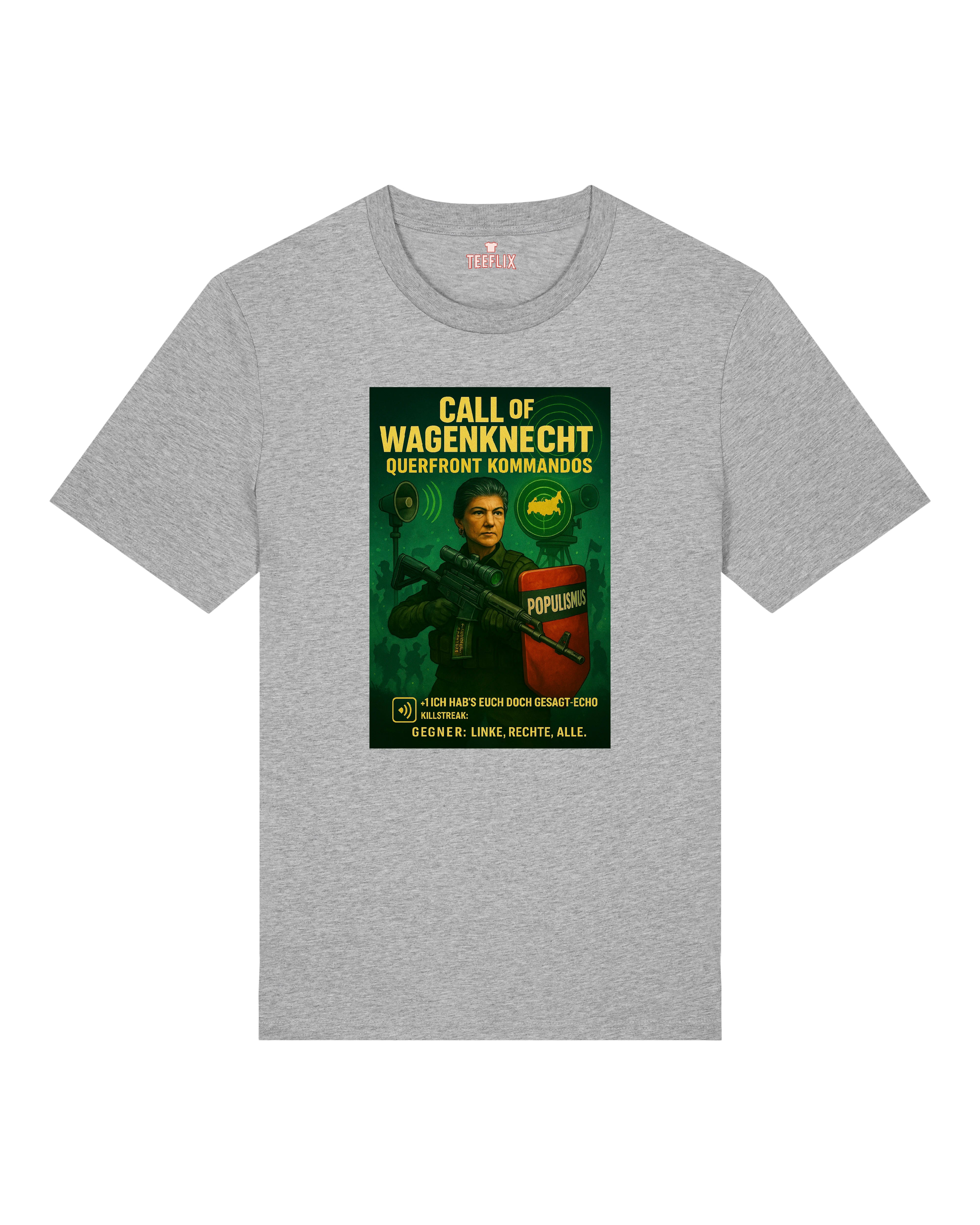 Graues T-Shirt mit Wagenknecht-Motiv – Populismus im Comic-Stil