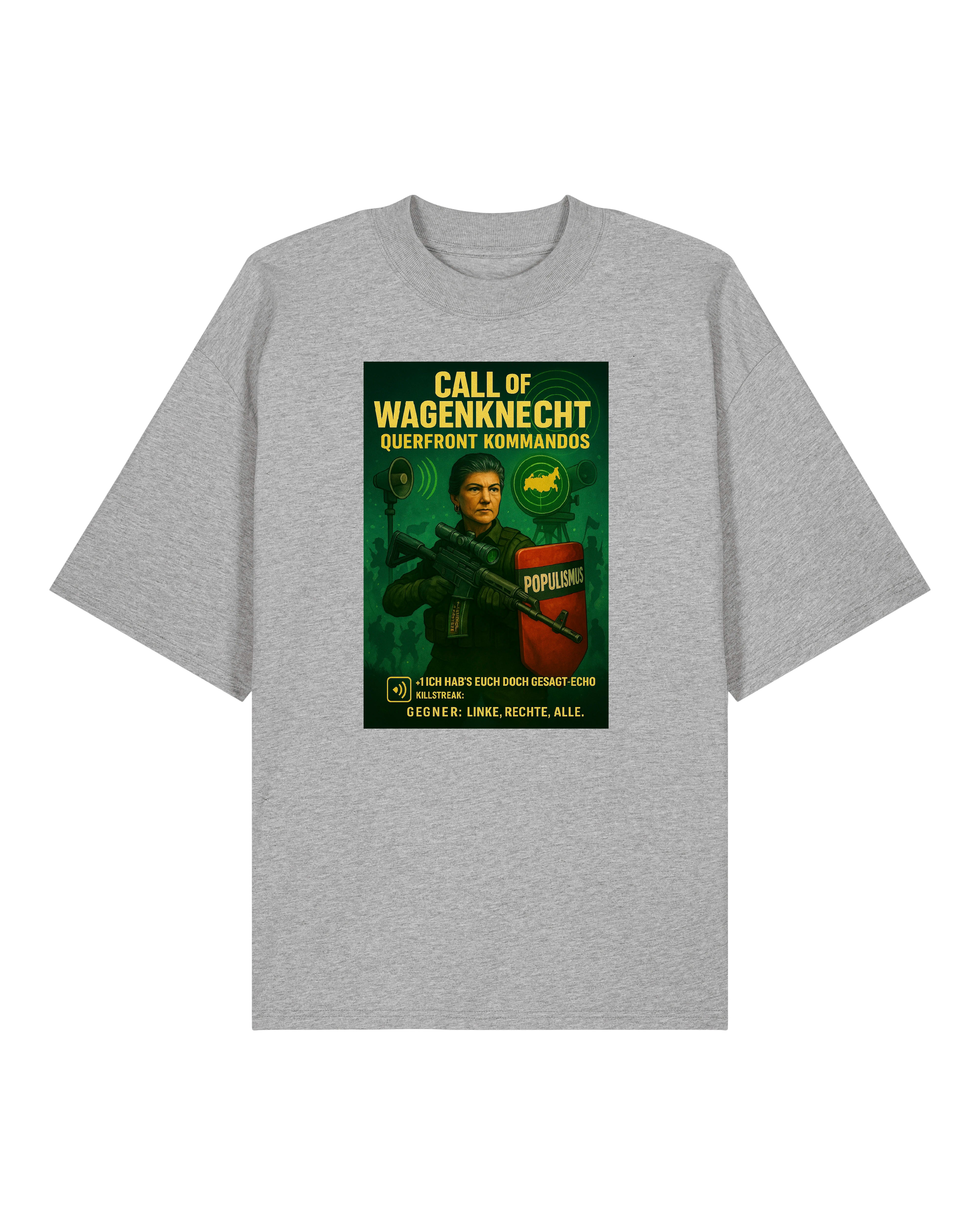 Graues T-Shirt mit Wagenknecht-Motiv – Populismus im Comic-Stil
