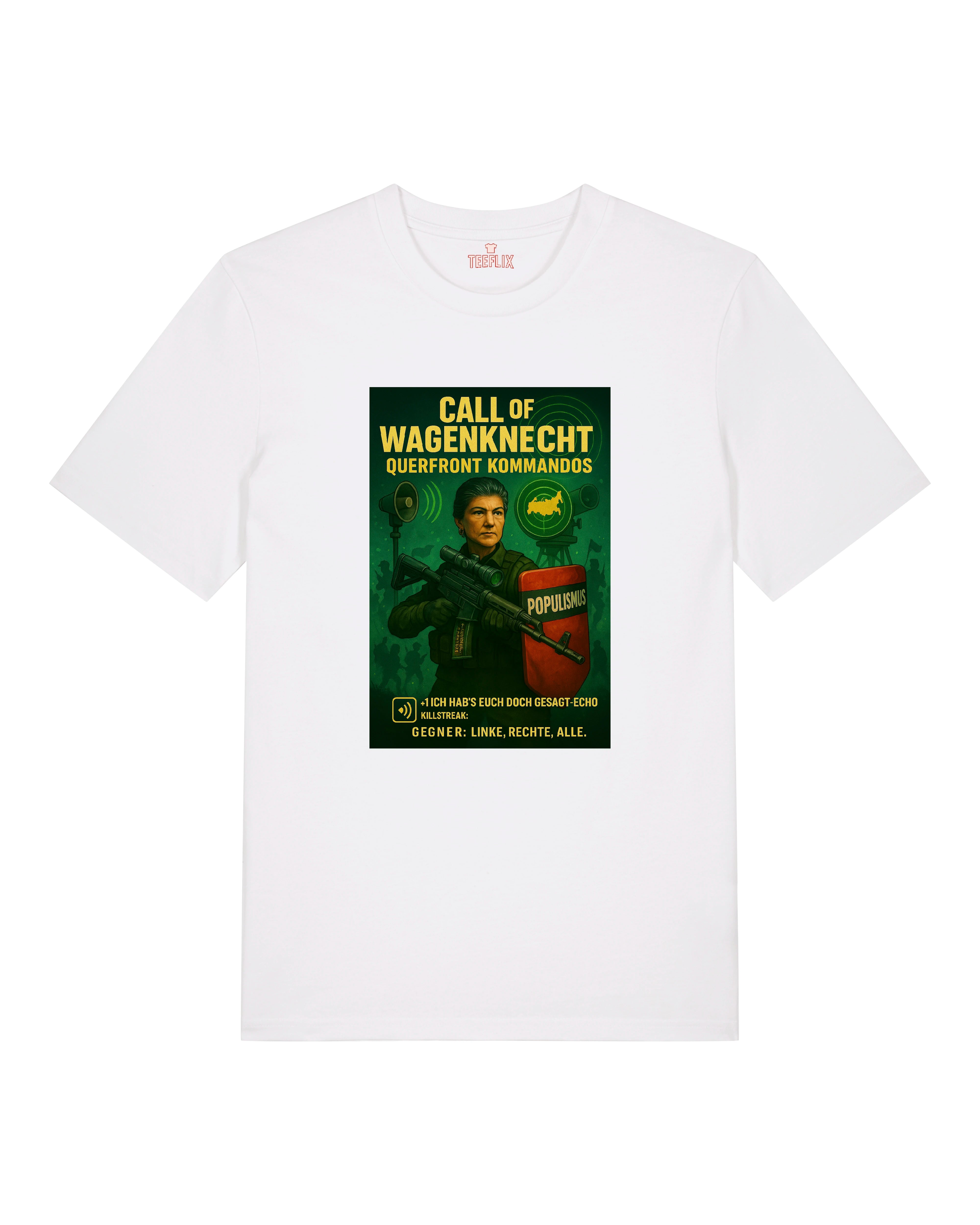 Satirisches T-Shirt in Weiß mit Motiv „Call of Wagenknecht – Querfront Kommandos“