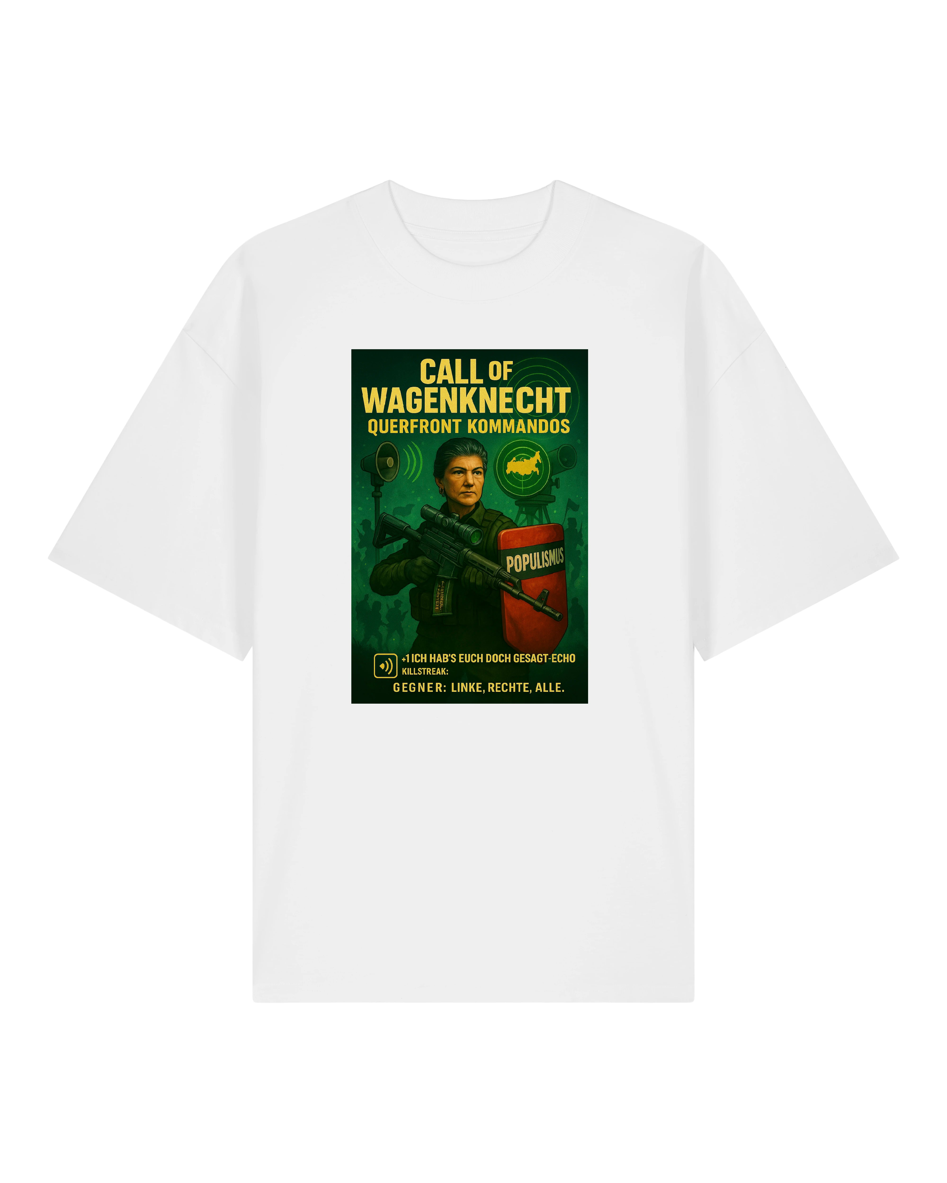 Satirisches T-Shirt in Weiß mit Motiv „Call of Wagenknecht – Querfront Kommandos“