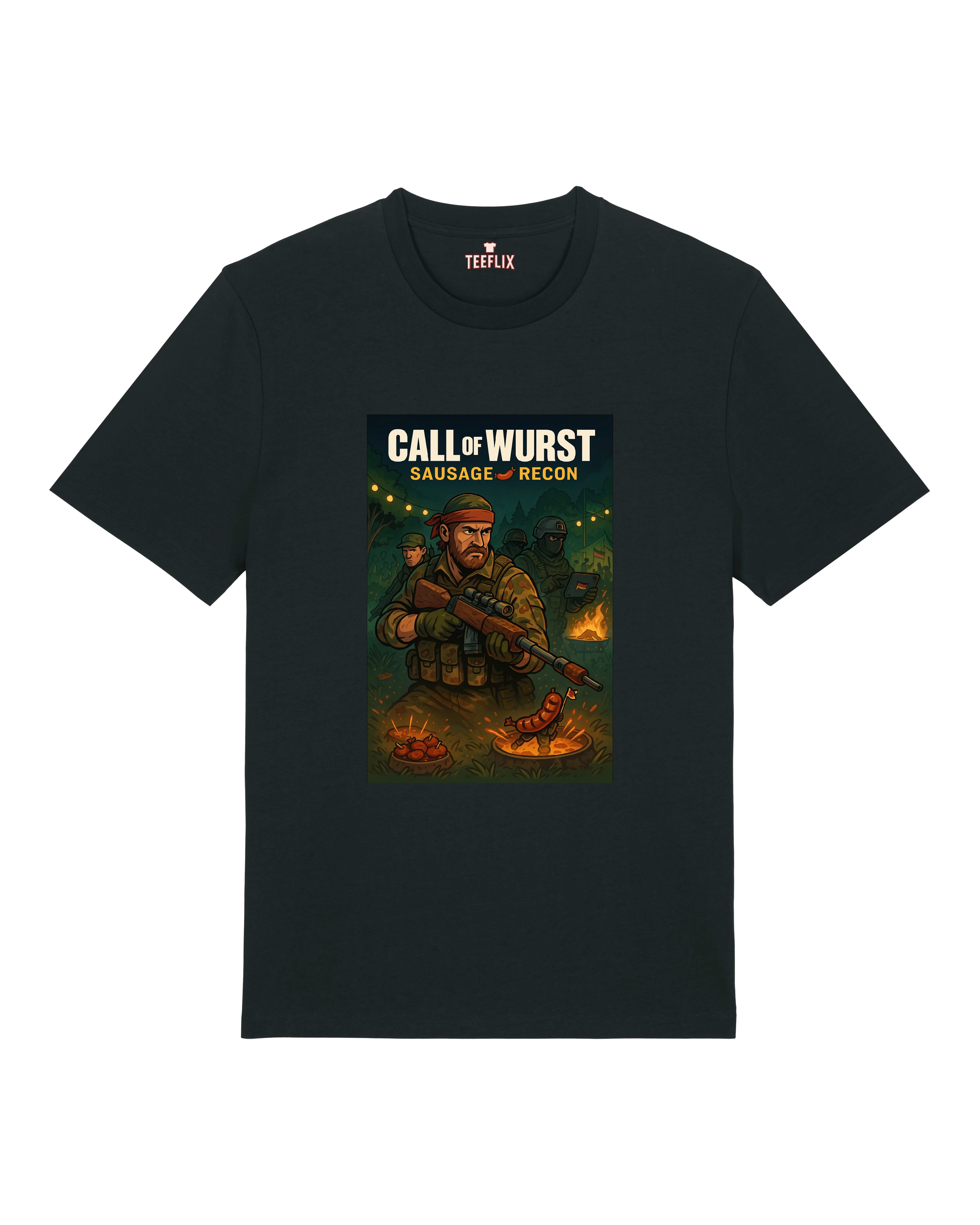Schwarzes T-Shirt mit „Call of Wurst – Sausage Recon“-Design: Comic-Soldat grillt Würste, im satirischen Militärstil.