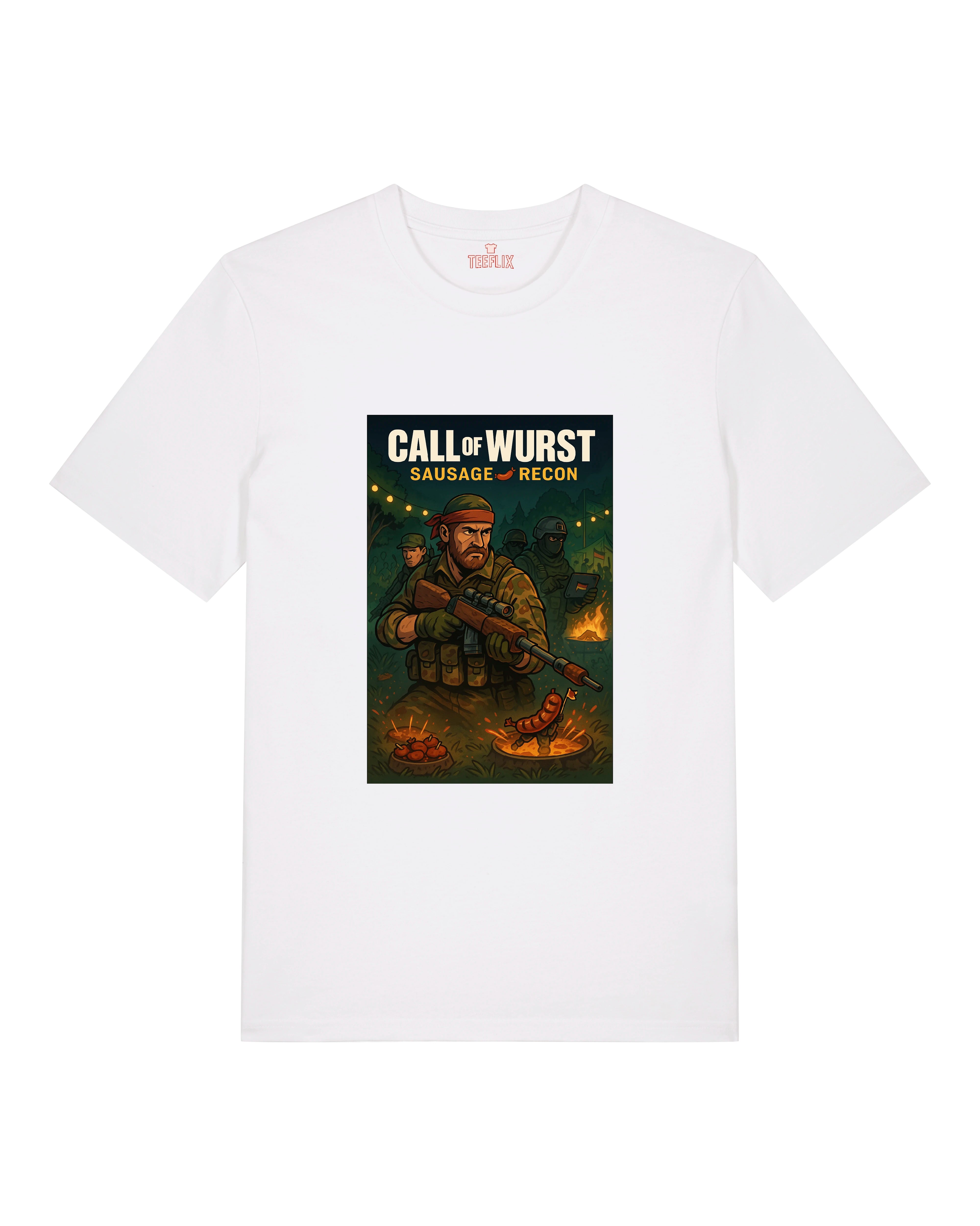 Weißes T-Shirt mit farbigem Aufdruck eines bewaffneten Grillkommandos und leuchtender Wurst-Action im Vordergrund.