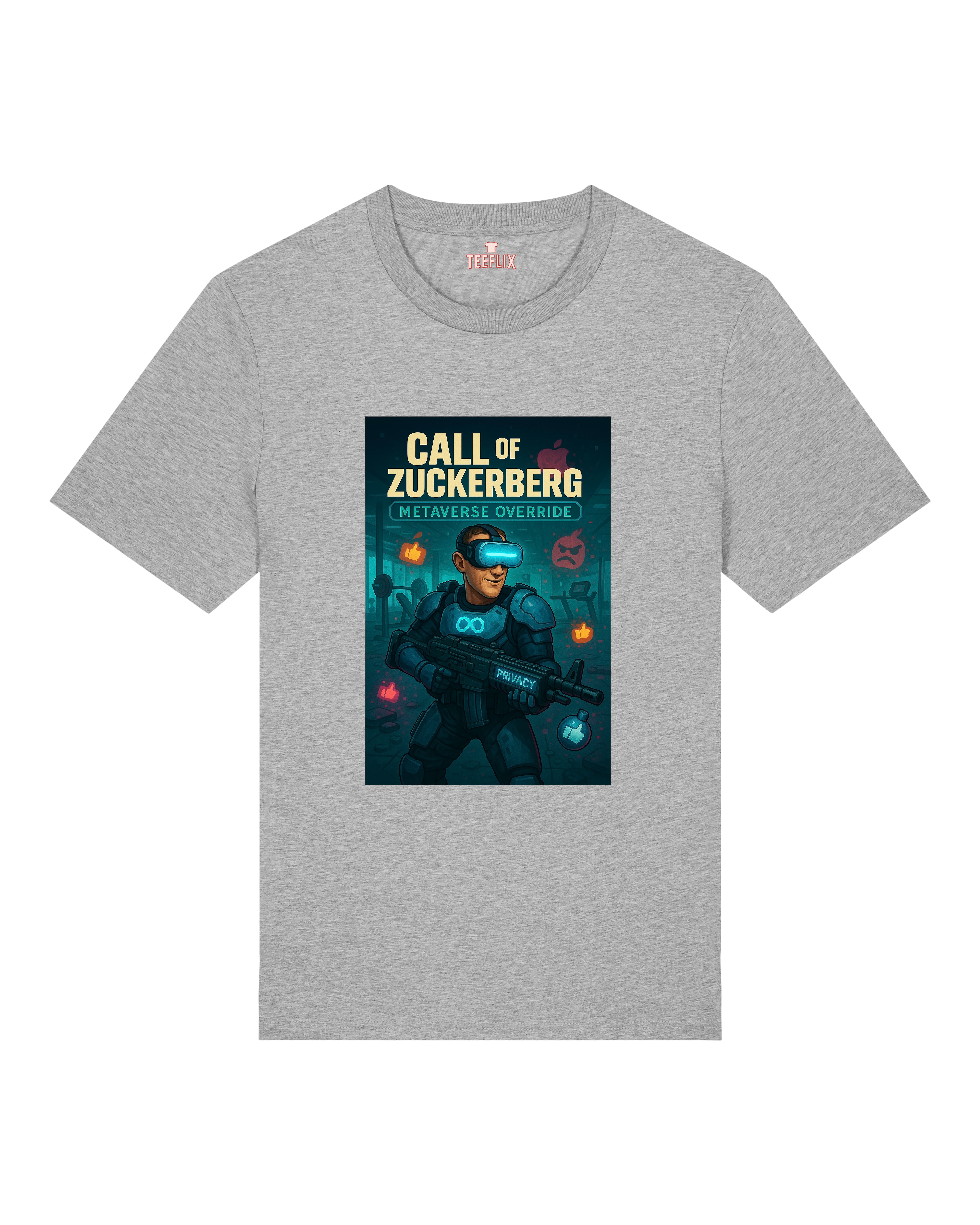 Graues T-Shirt mit futuristischer Tech-Illustration im Gaming-Stil