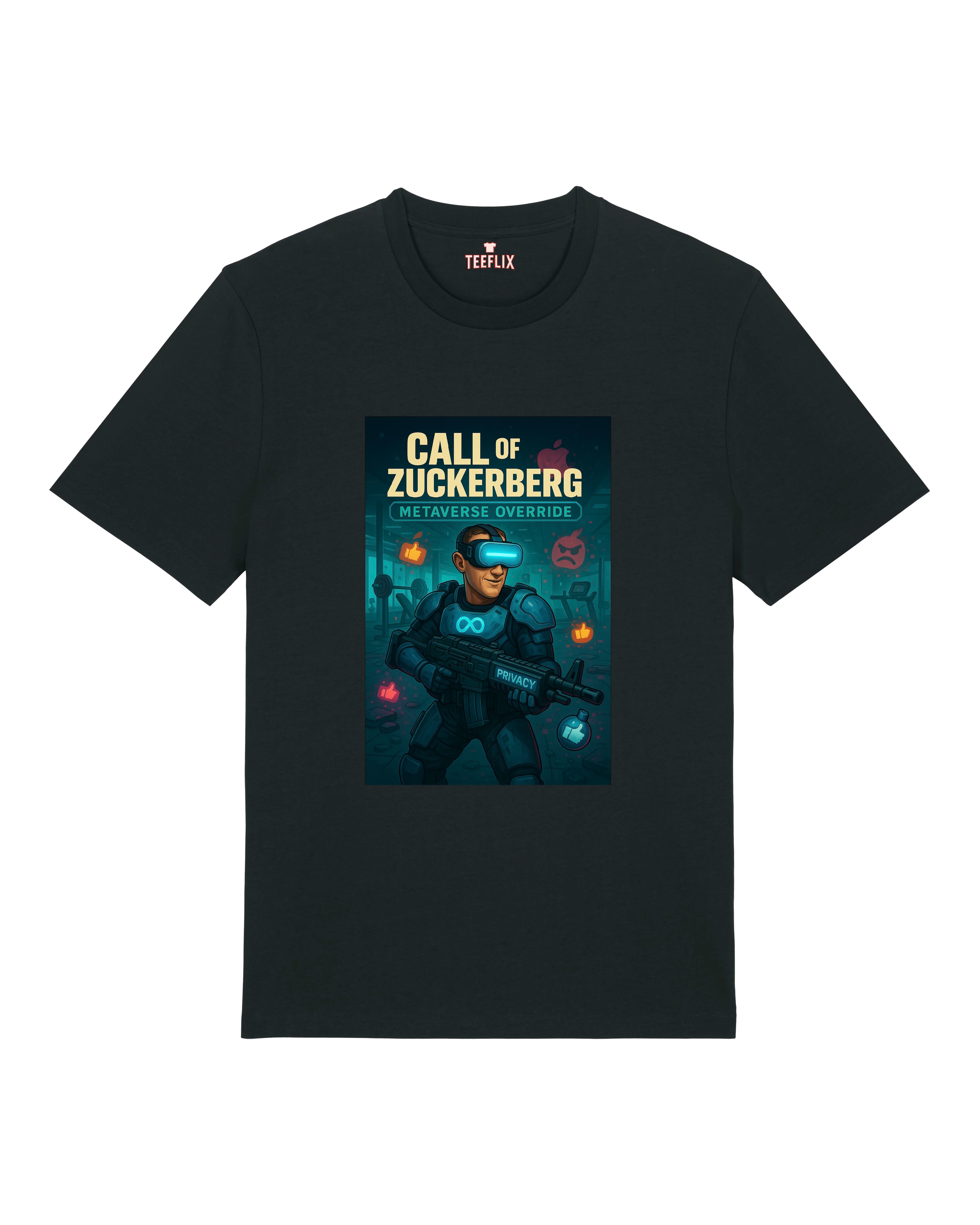 Schwarzes T-Shirt mit "Call of Zuckerberg – Metaverse Override"-Design