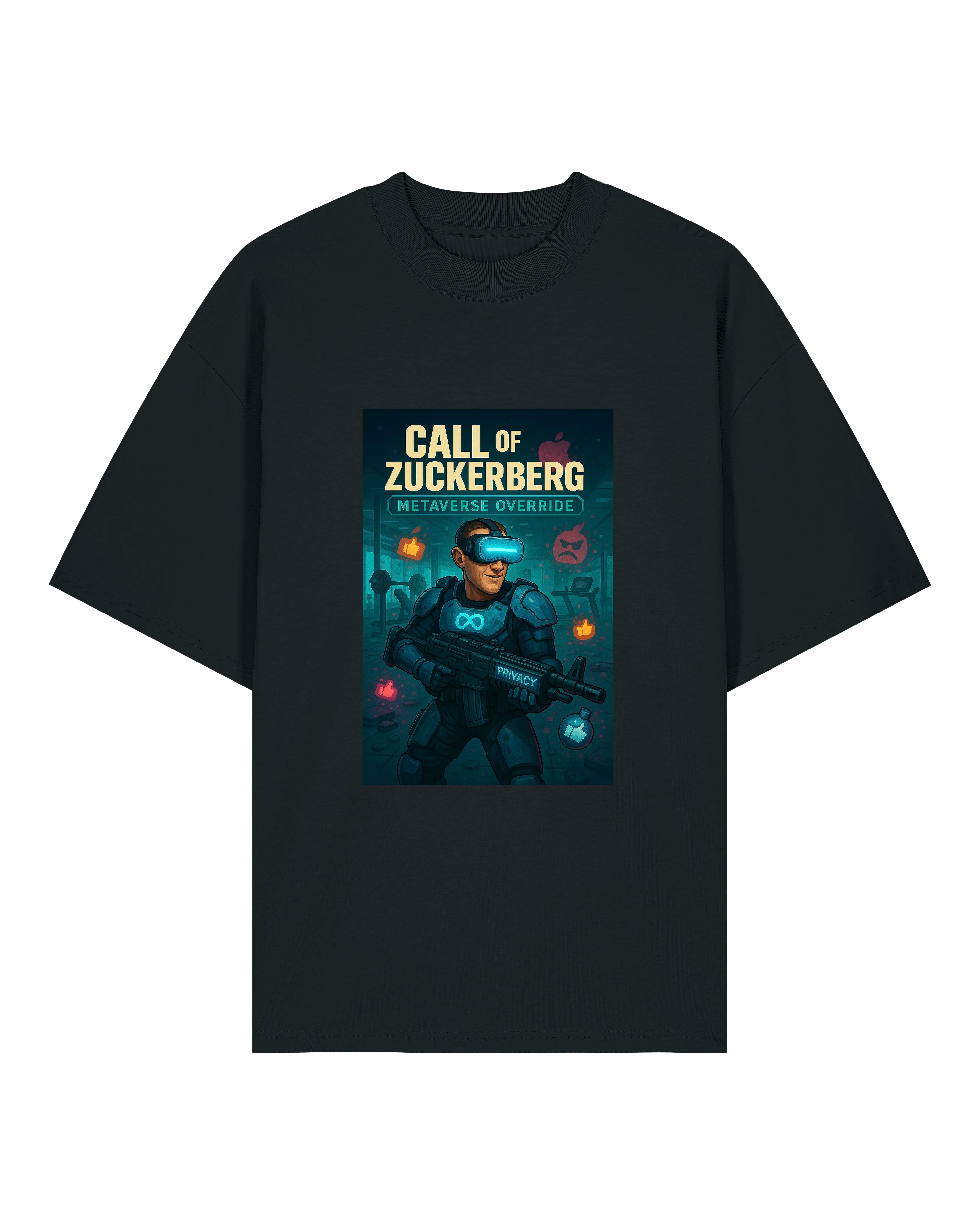 Schwarzes T-Shirt mit "Call of Zuckerberg – Metaverse Override"-Design