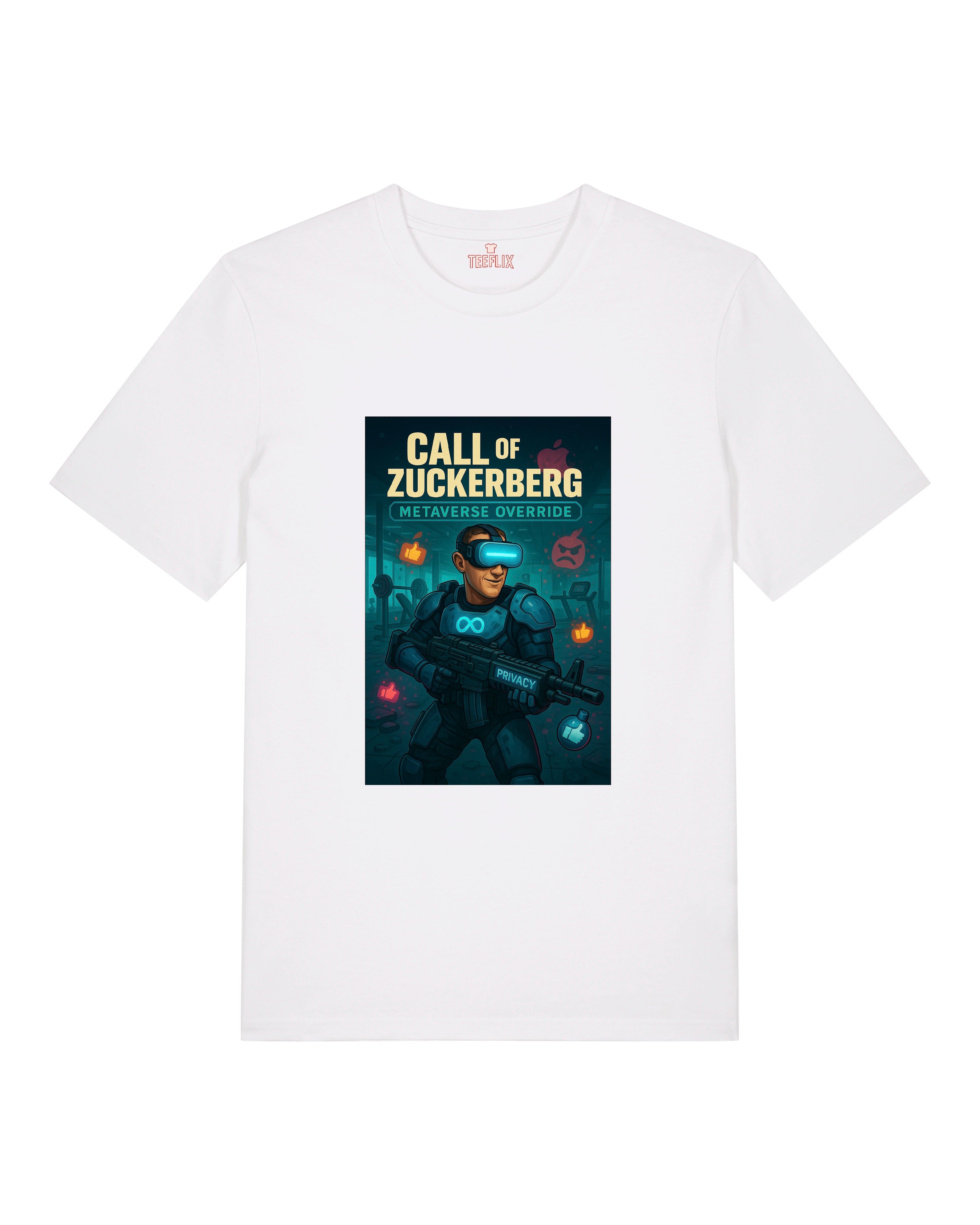 Weißes T-Shirt mit satirischem Zuckerberg-Metaverse-Motiv