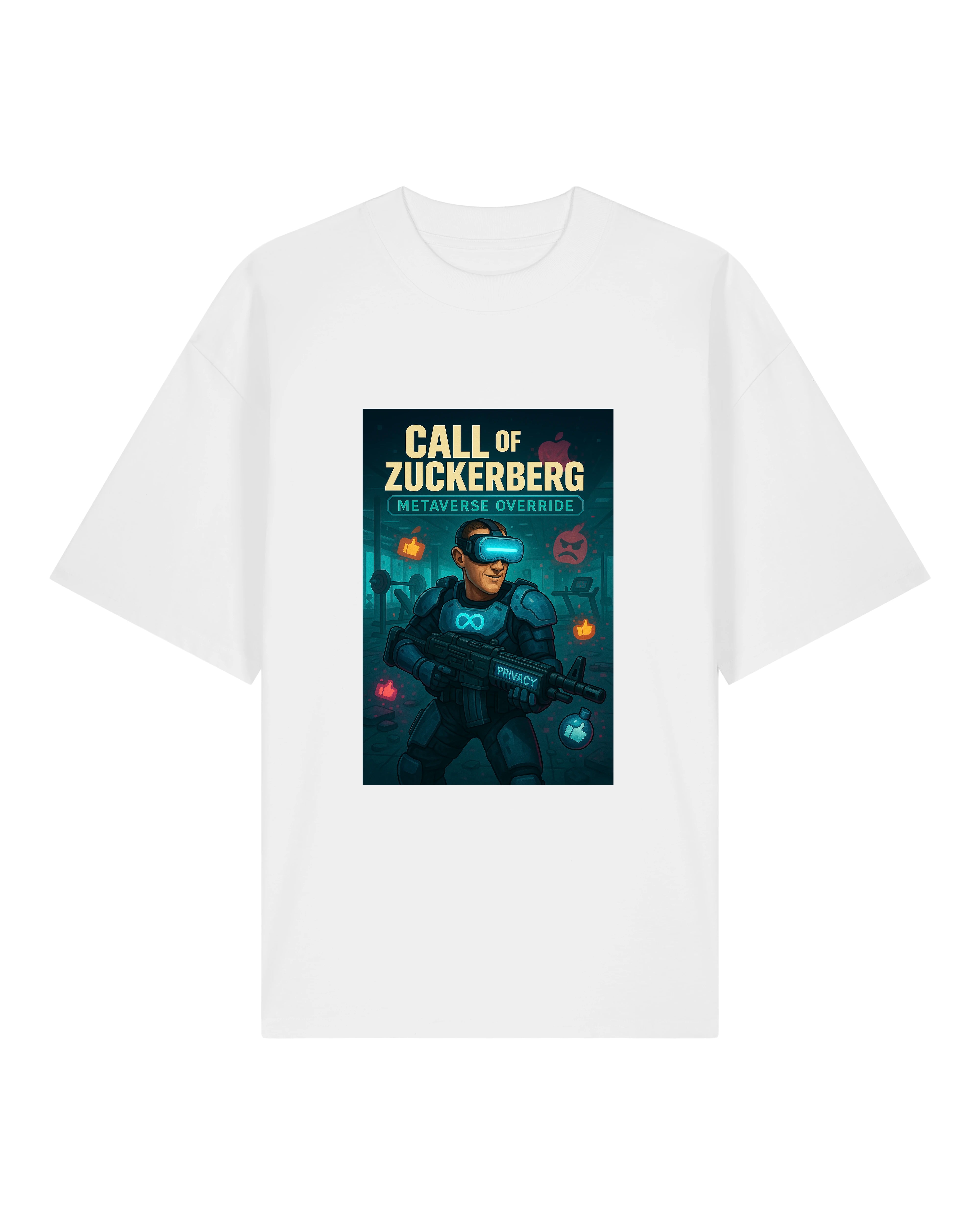 Weißes T-Shirt mit satirischem Zuckerberg-Metaverse-Motiv