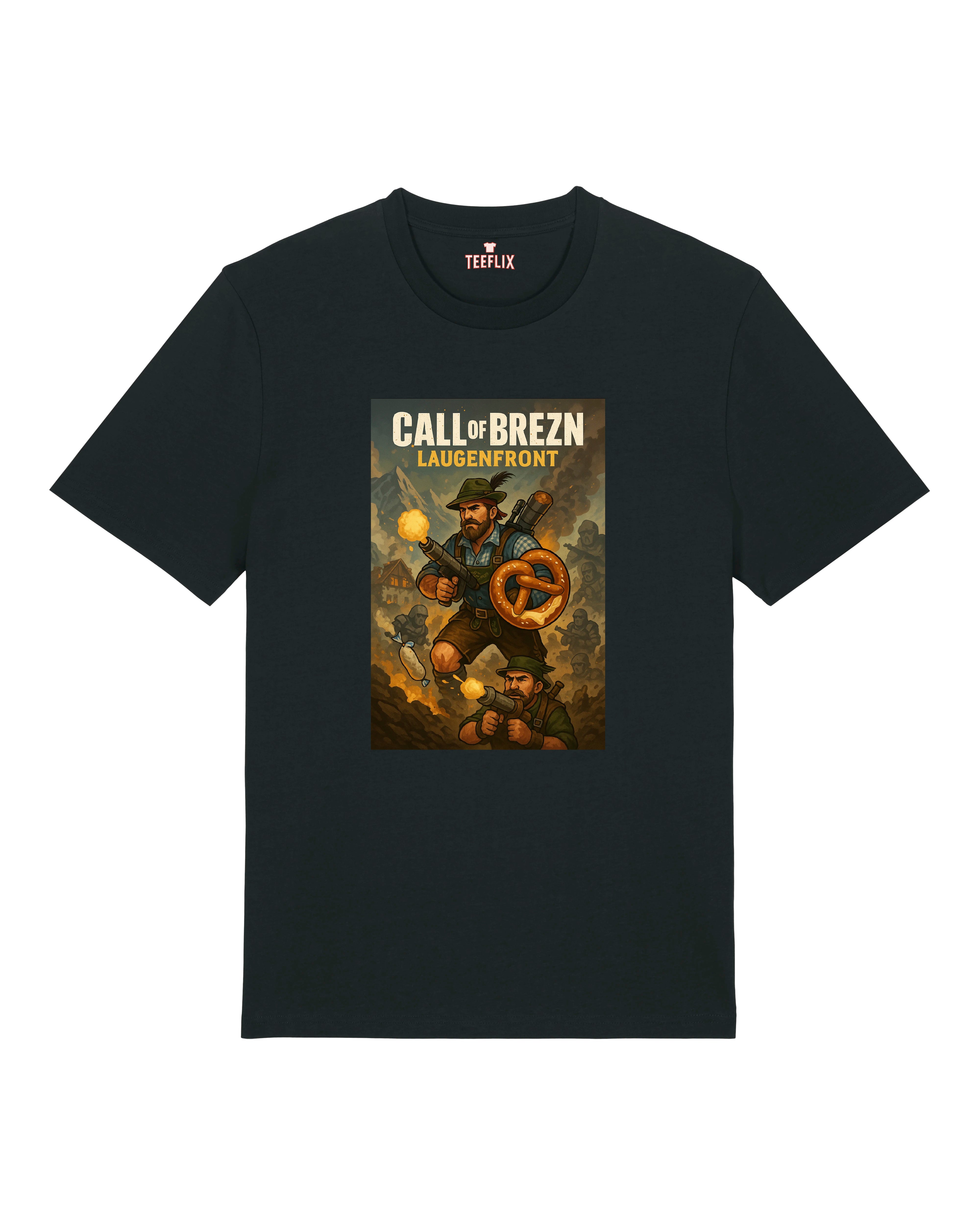 Schwarzes T-Shirt mit satirischem Call of Brezn Motiv – Breznkämpfer in Action-Setting, perfekt für Gamer mit Humor.