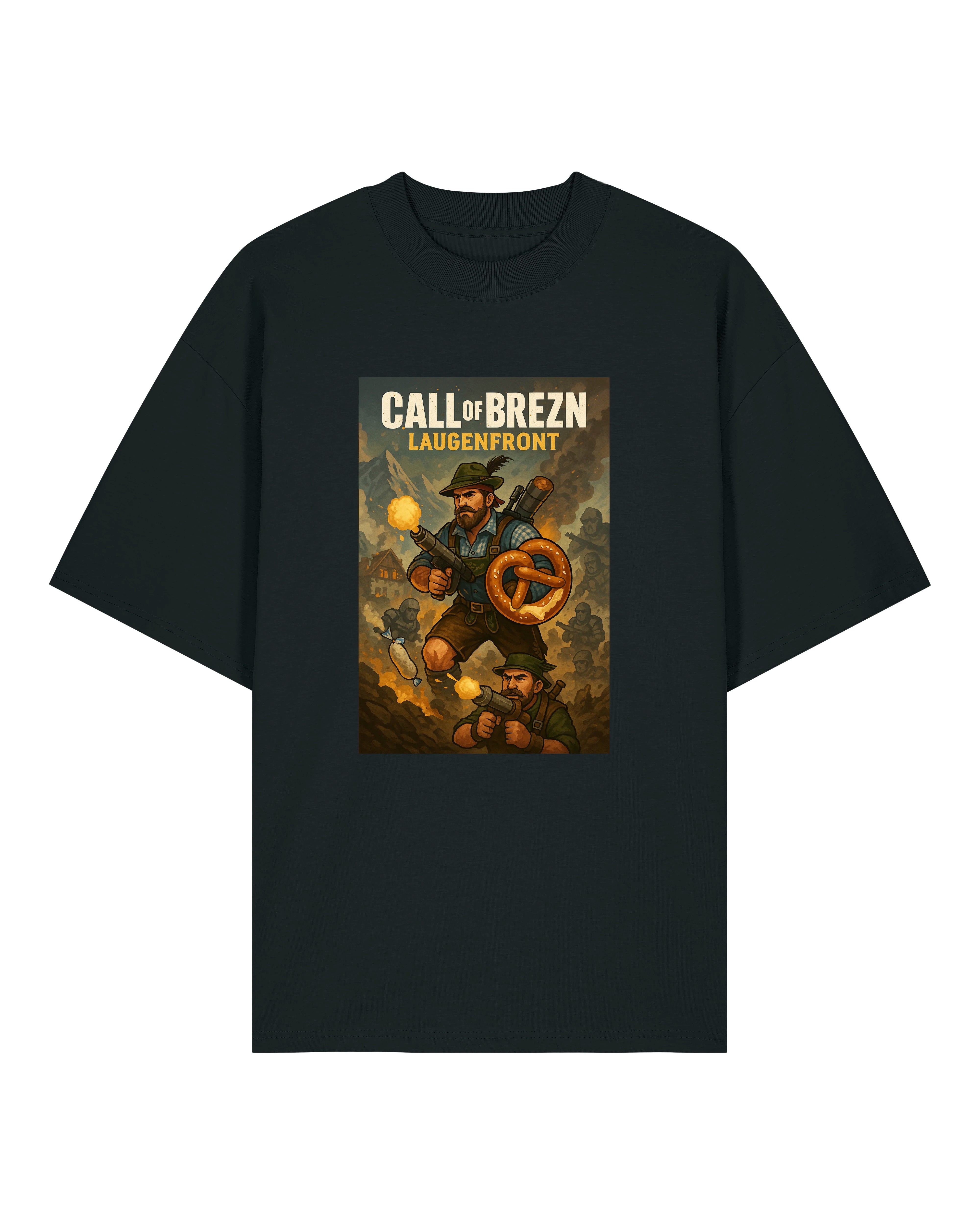 Schwarzes T-Shirt mit satirischem Call of Brezn Motiv – Breznkämpfer in Action-Setting, perfekt für Gamer mit Humor.