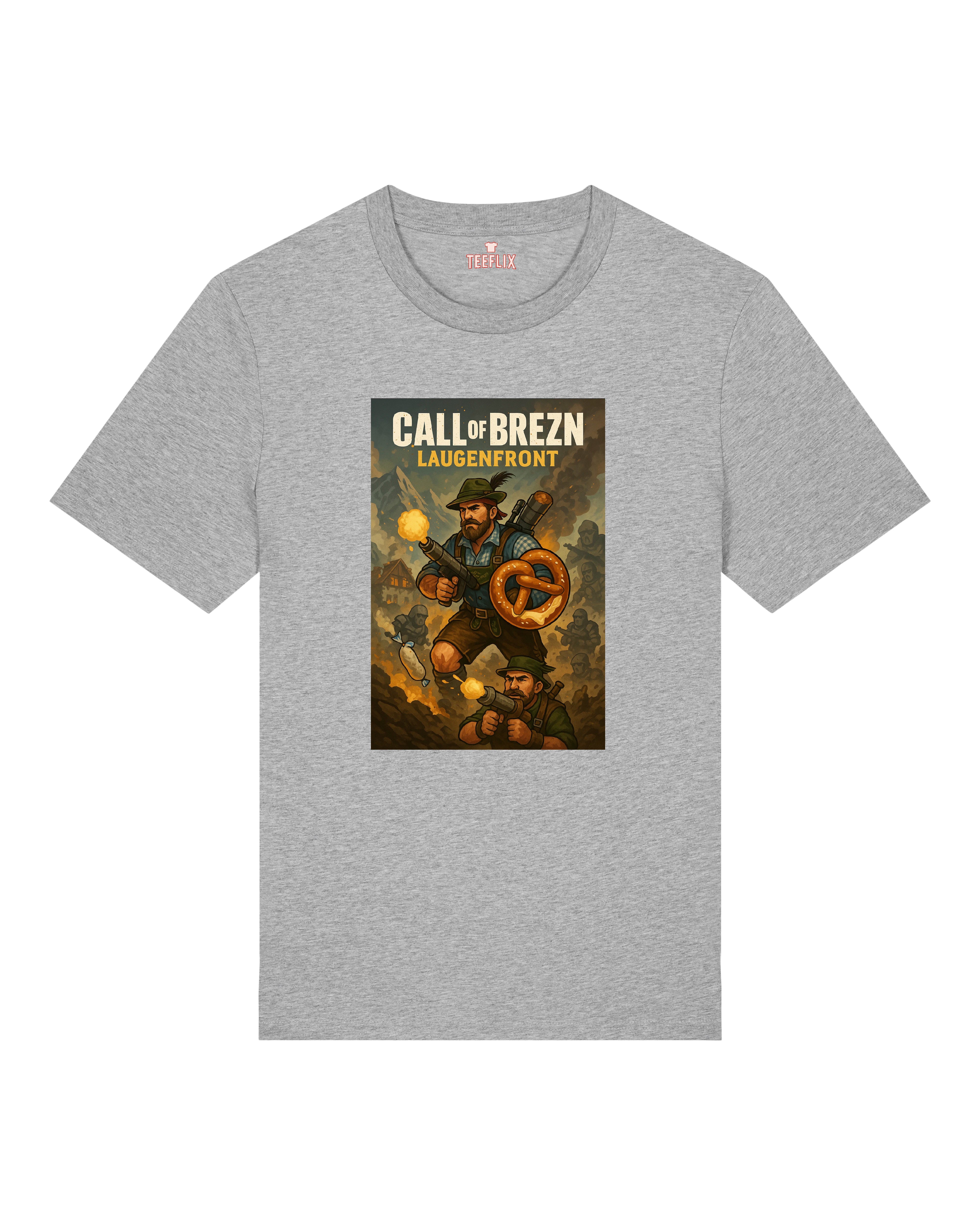 Graues T-Shirt mit Call of Brezn „Laugenfront“-Print, detailreiche Illustration eines bayerischen Soldaten im Comicstil.