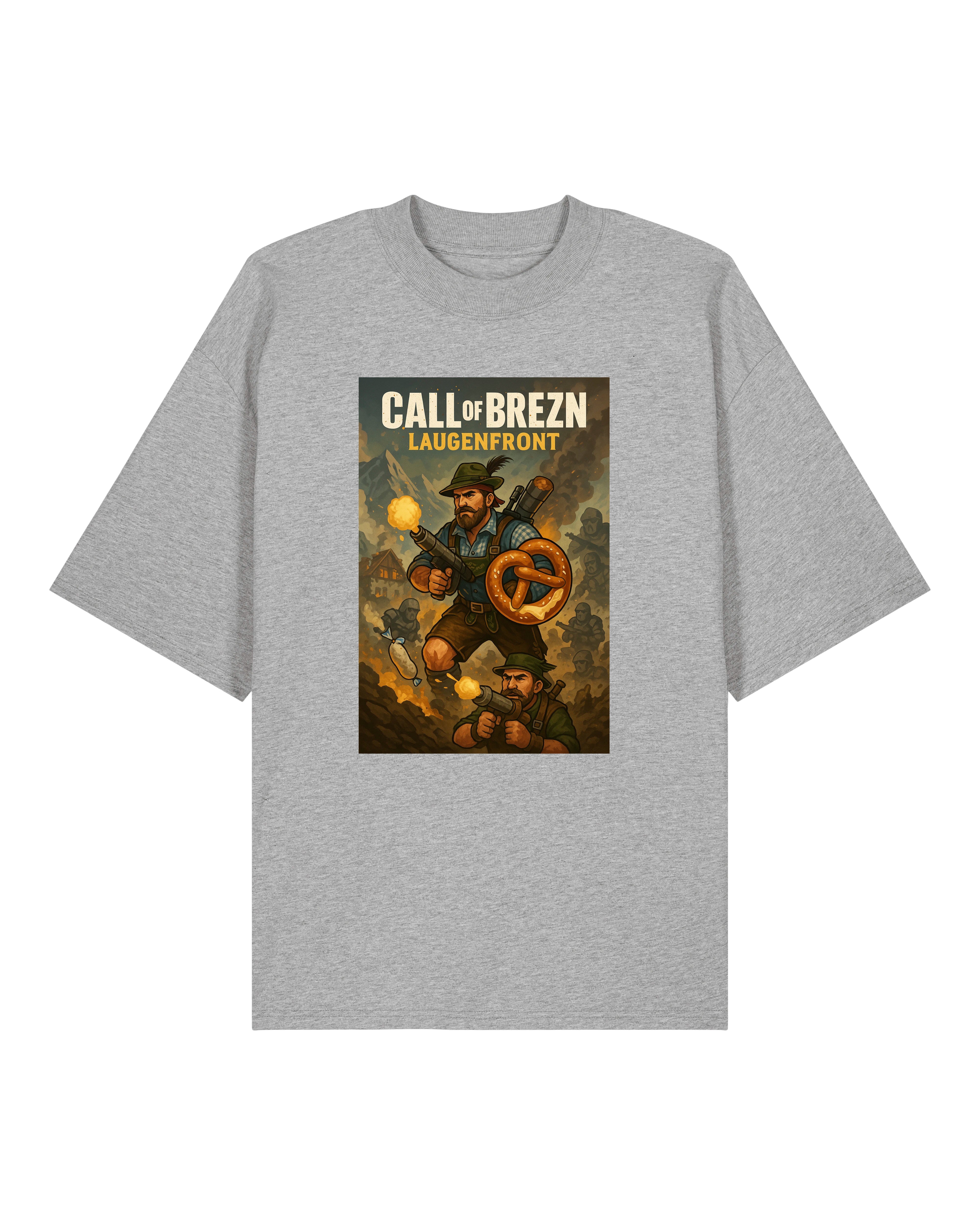 Graues T-Shirt mit Call of Brezn „Laugenfront“-Print, detailreiche Illustration eines bayerischen Soldaten im Comicstil.
