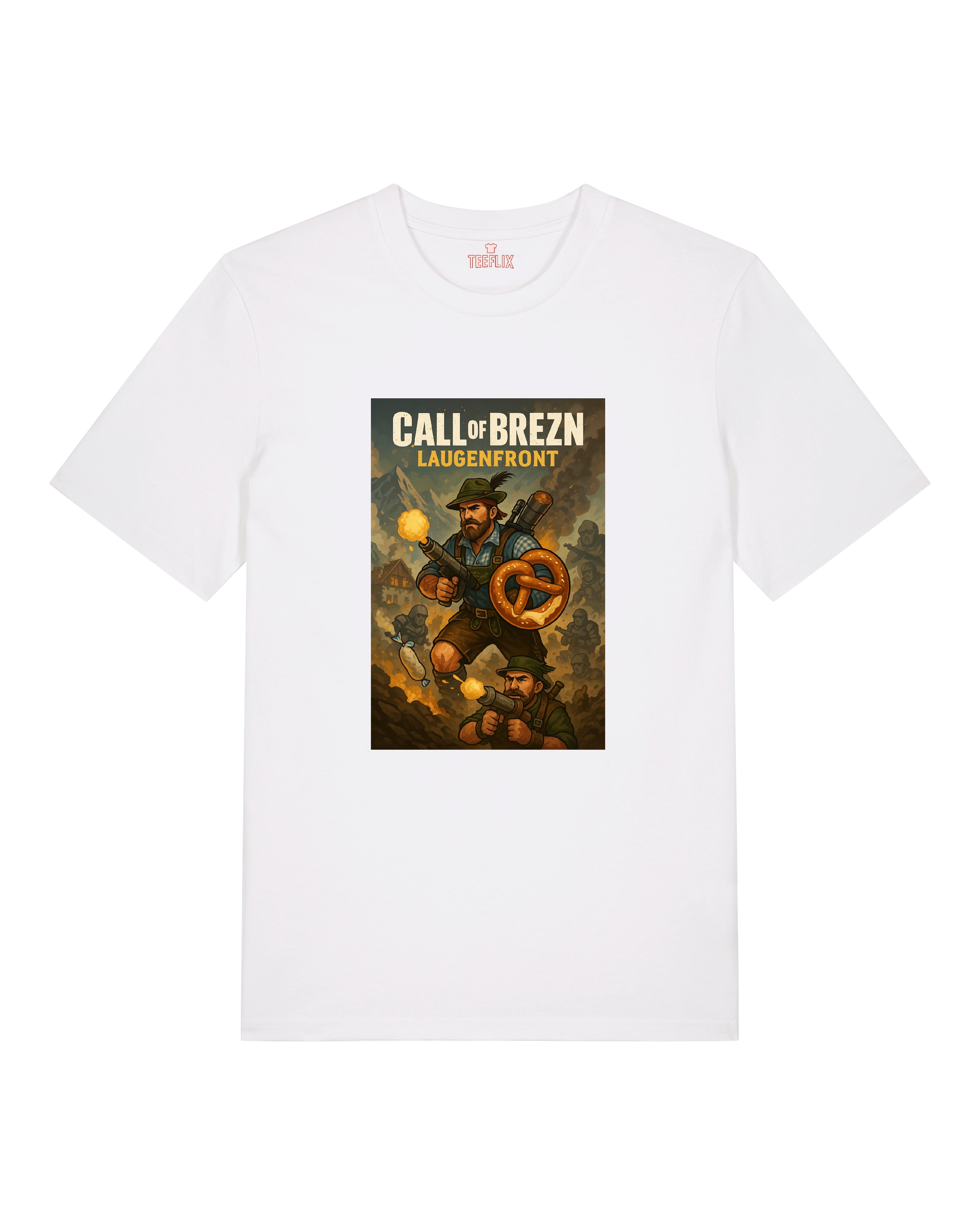 Weißes T-Shirt mit Call of Brezn „Laugenfront“-Design, zeigt bewaffneten bayerischen Kämpfer mit Brezel im Einsatz.