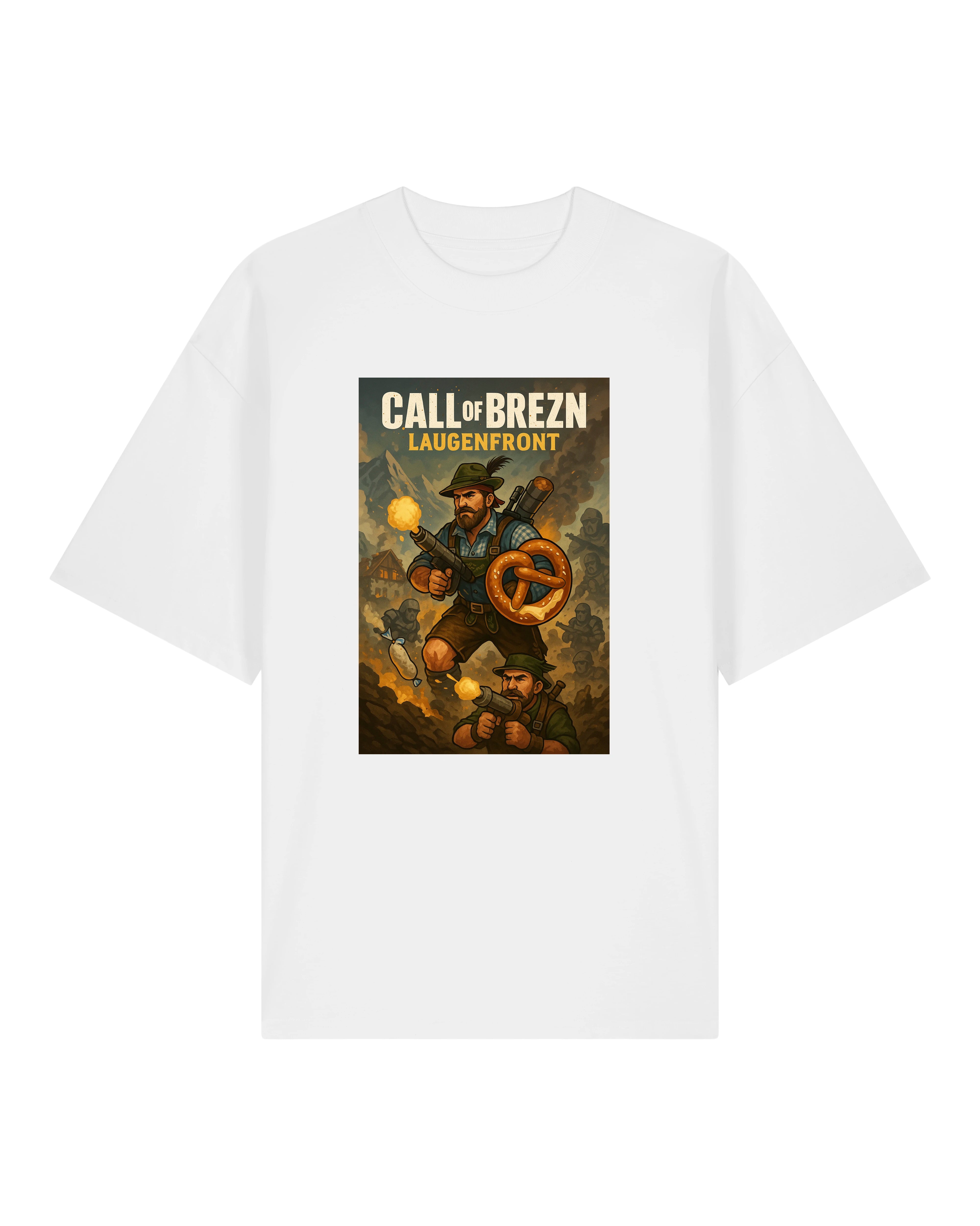 Weißes T-Shirt mit Call of Brezn „Laugenfront“-Design, zeigt bewaffneten bayerischen Kämpfer mit Brezel im Einsatz.