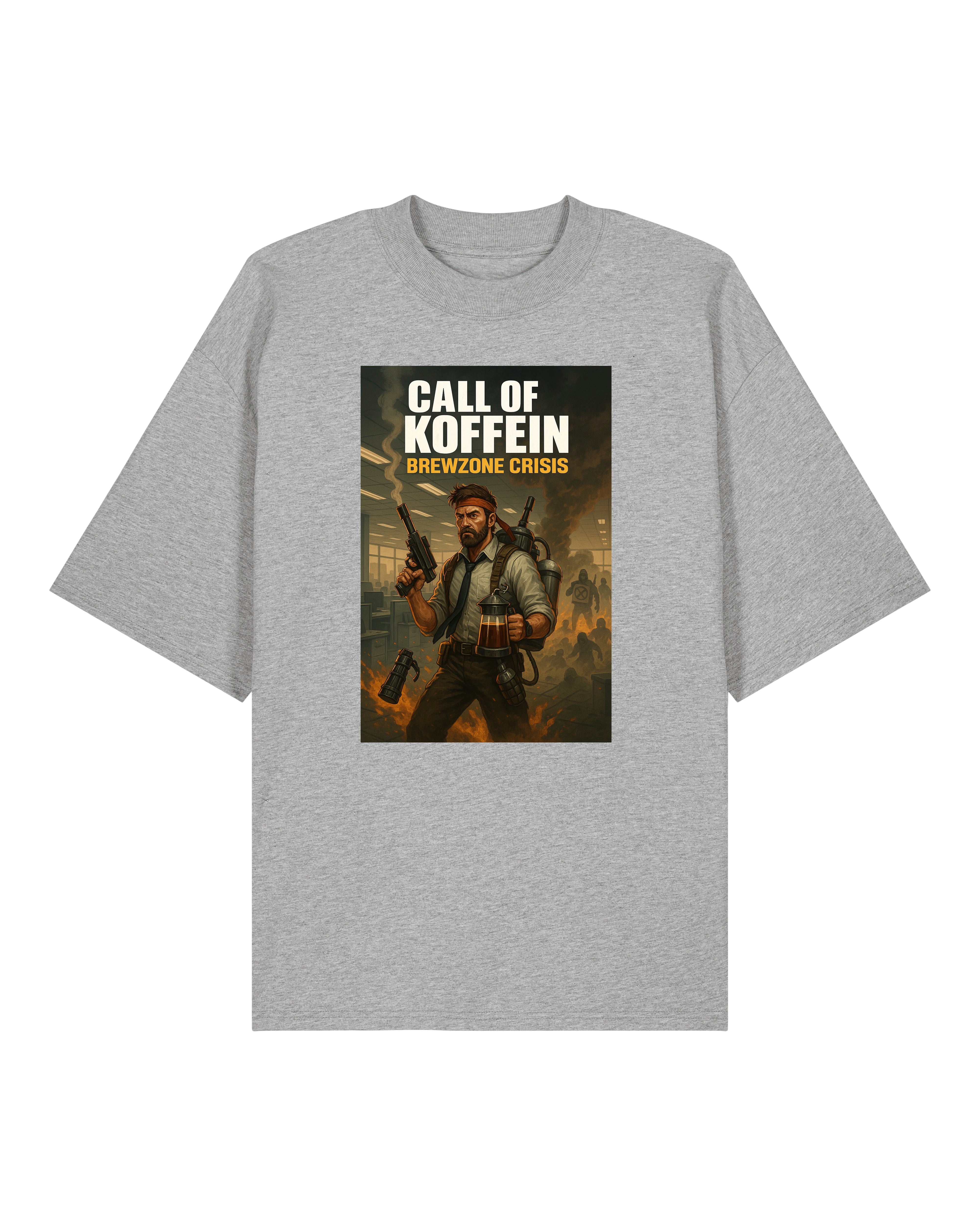 Graues T-Shirt mit „Brewzone Crisis“-Motiv, inspiriert von Gaming und Kaffeekultur, ideal für Büro-Überlebenskünstler.