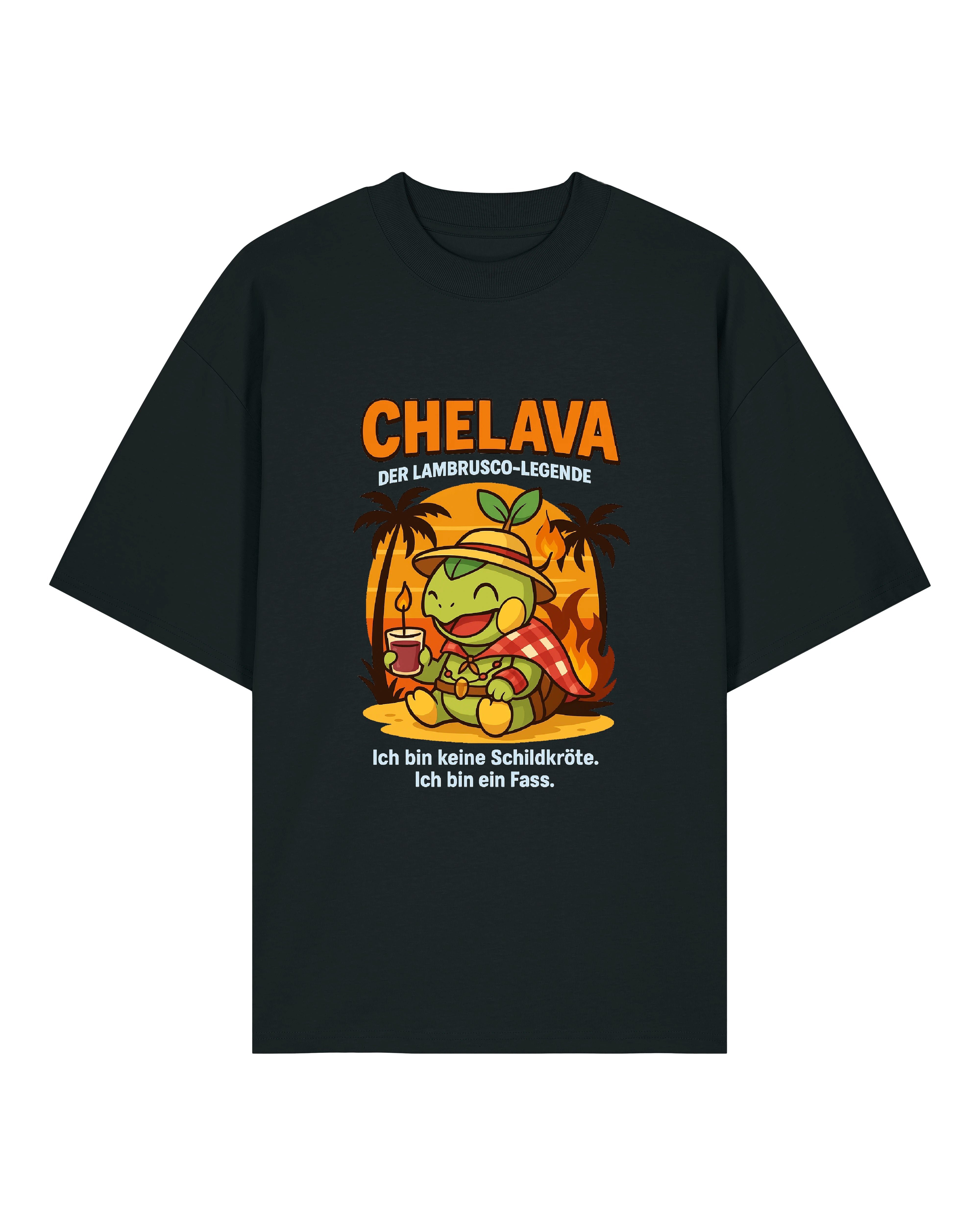 T-Shirt in Schwarz, Grau und Weiß mit dem Charakter „Chelava“, einer lässigen Schildkröte vor Sonnenuntergang mit Lambrusco-Glas.