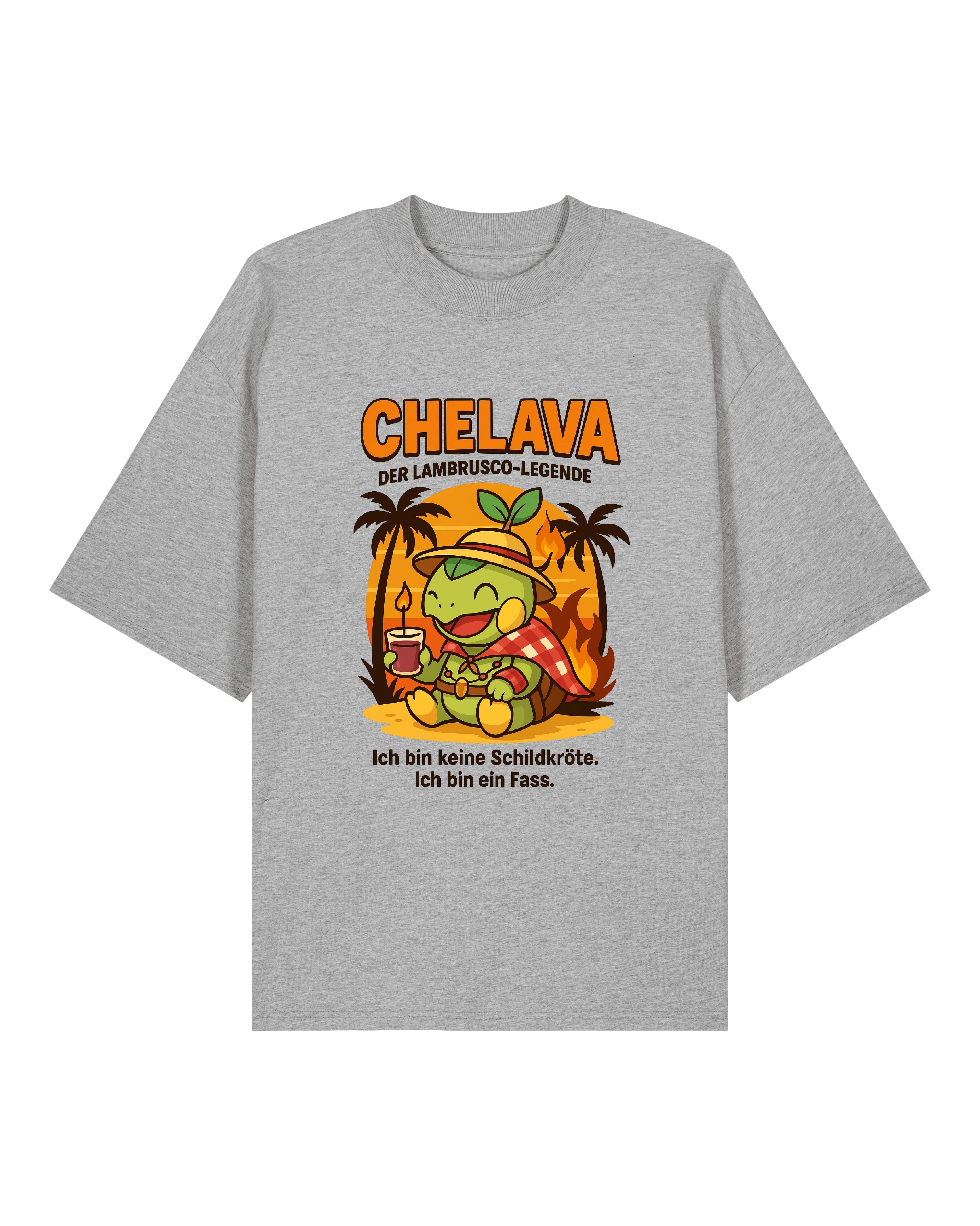 T-Shirt in Schwarz, Grau und Weiß mit dem Charakter „Chelava“, einer lässigen Schildkröte vor Sonnenuntergang mit Lambrusco-Glas.