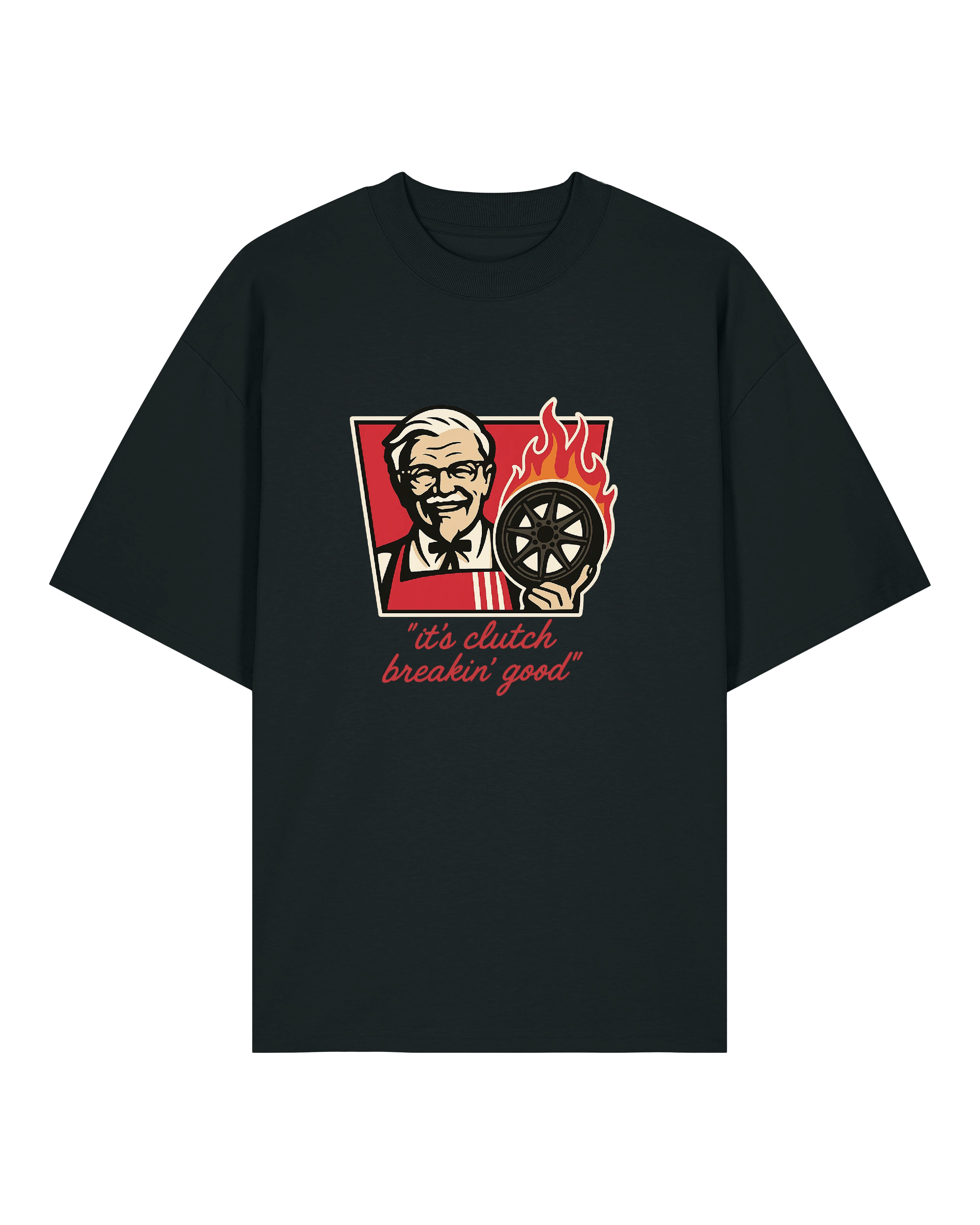 Schwarzes Auto-Funshirt mit Flammenmotiv und Kupplung
