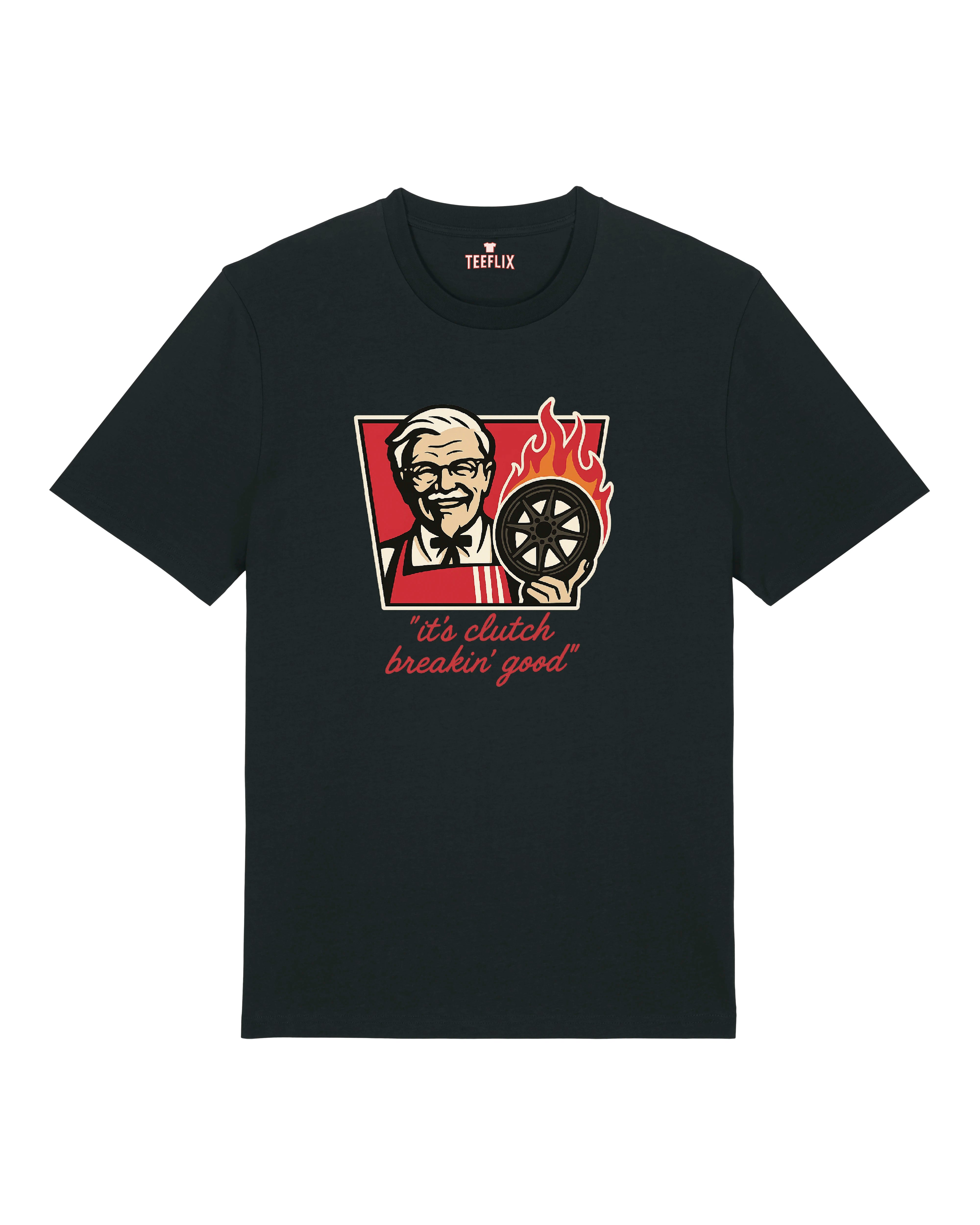 Schwarzes Auto-Funshirt mit Flammenmotiv und Kupplung