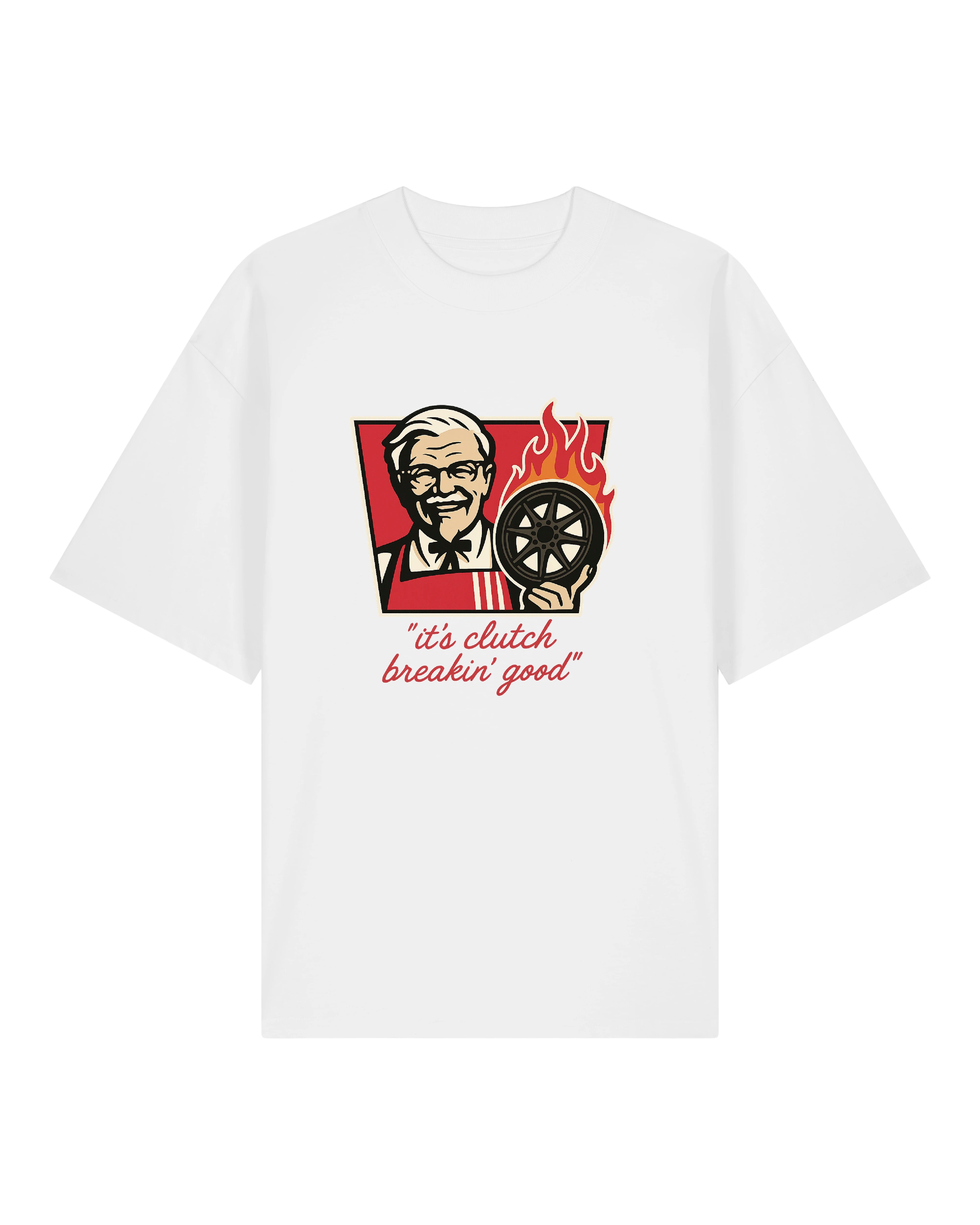Weißes KFZ T-Shirt mit brennender Kupplung im Retro-Stil
