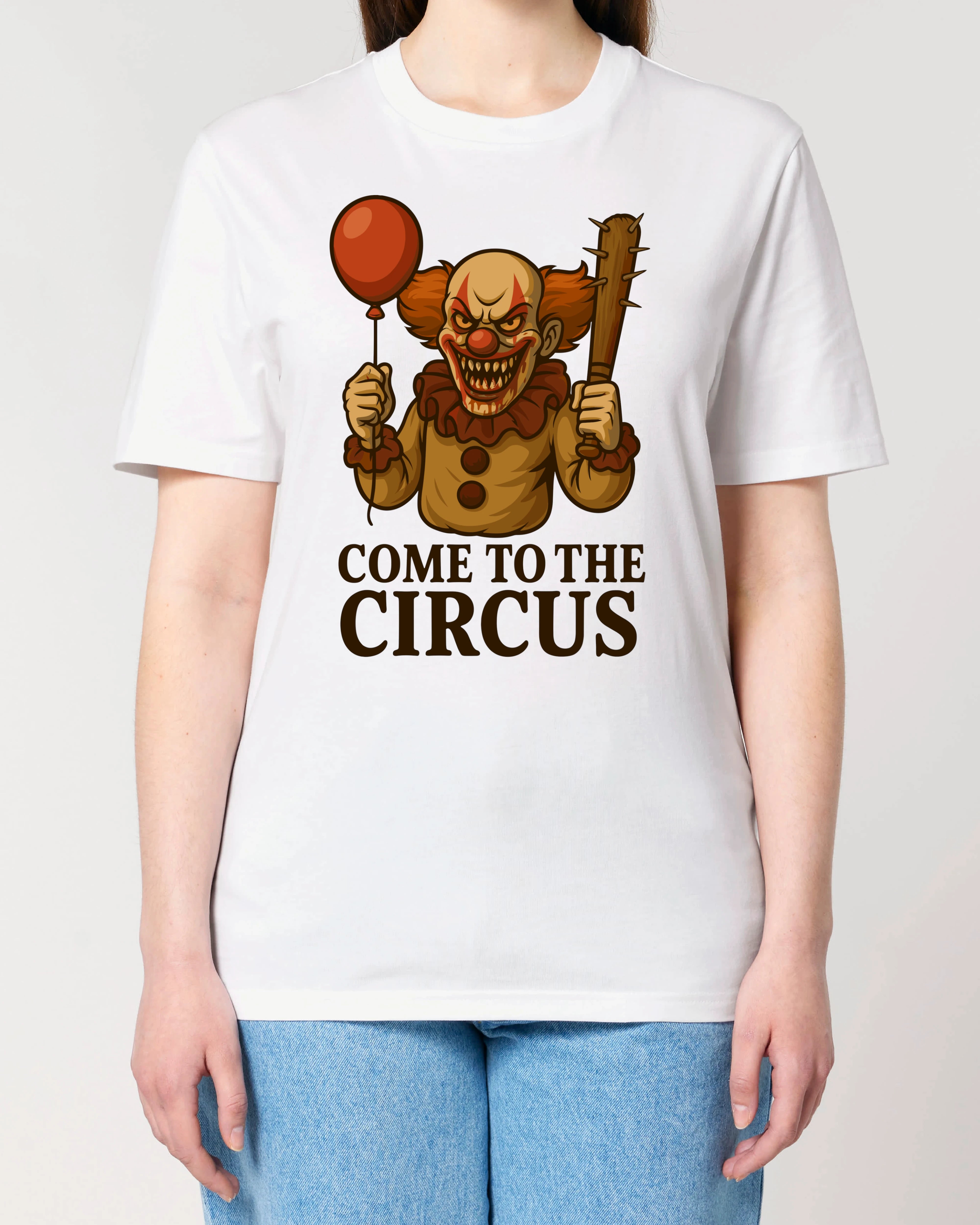 Come to the Circus Halloween Shirt für Damen in Weiß – Lustiges Horror Spruchshirt mit Killerclown, Normal Fit, 100% Bio-Baumwolle, Teeflix