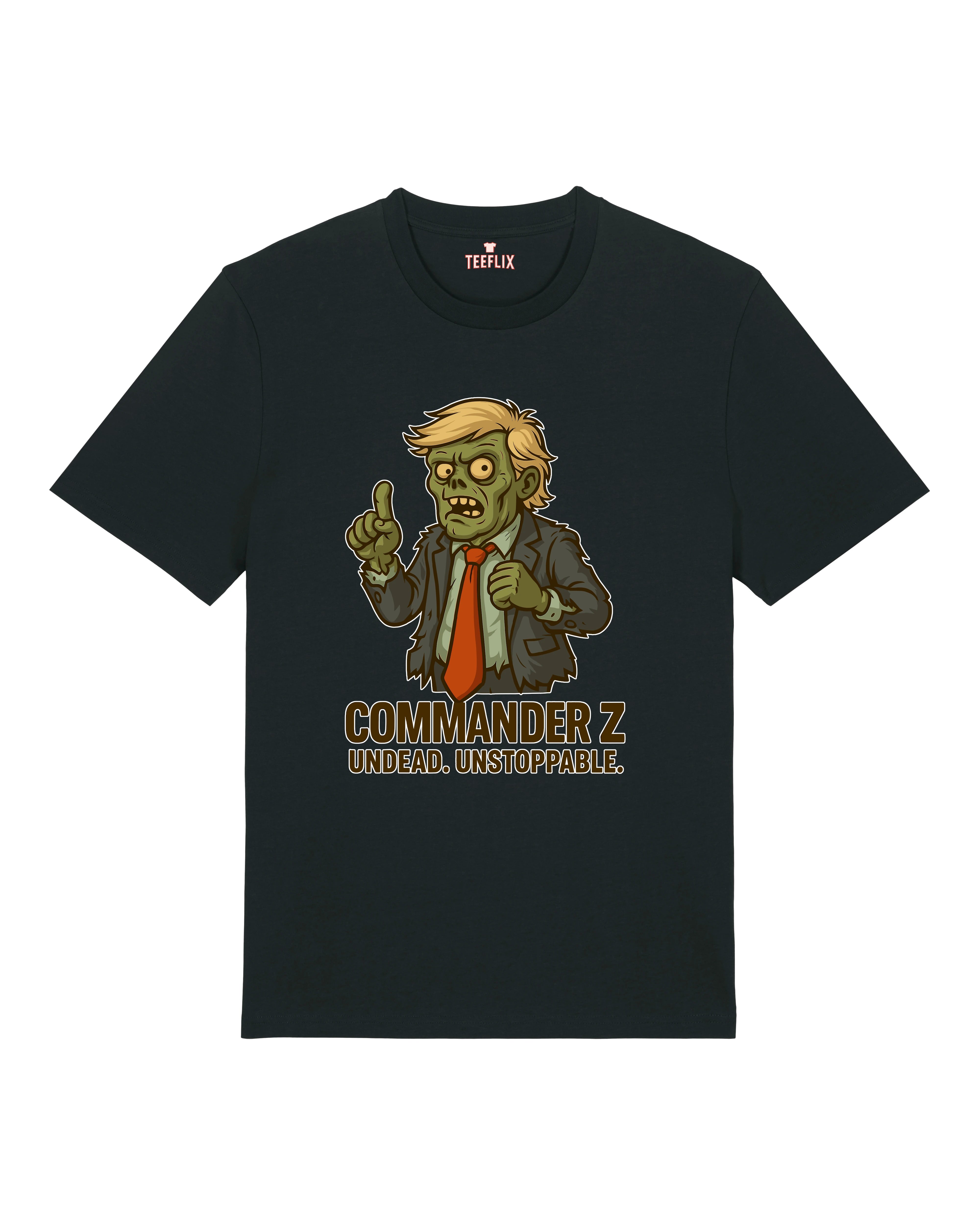 Commander Z Zombie Halloween Shirt in Schwarz – Lustiges Horror Spruchshirt, Unisex Normal, 100% Bio-Baumwolle, Teeflix