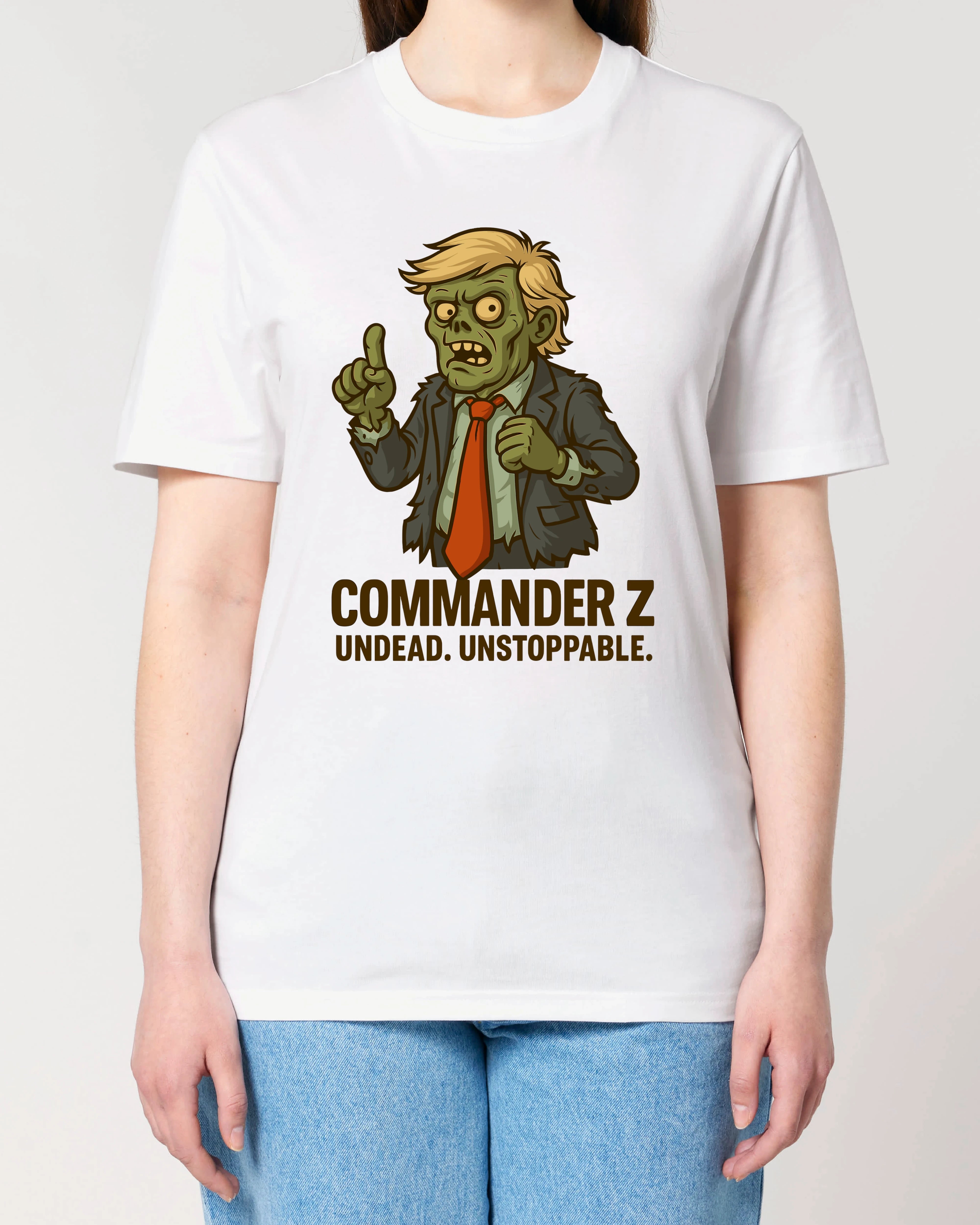 Commander Z Zombie Halloween Shirt für Damen in Weiß – Lustiges Horror Spruchshirt, Normal Fit, 100% Bio-Baumwolle, Teeflix