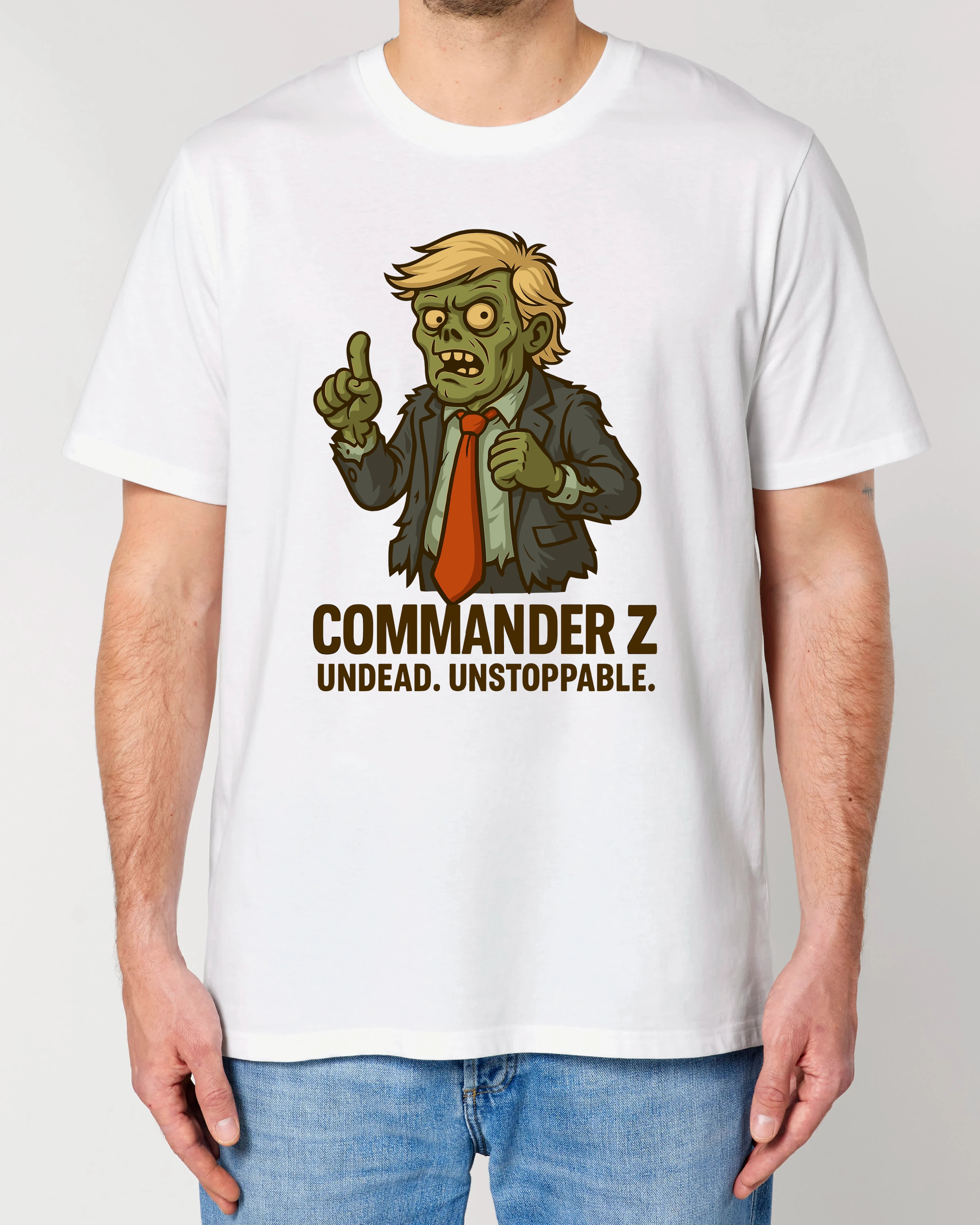 Commander Z Zombie Halloween Shirt in Weiß – Oversized, Lustiges Horror Spruchshirt, 100% Bio-Baumwolle, Teeflix