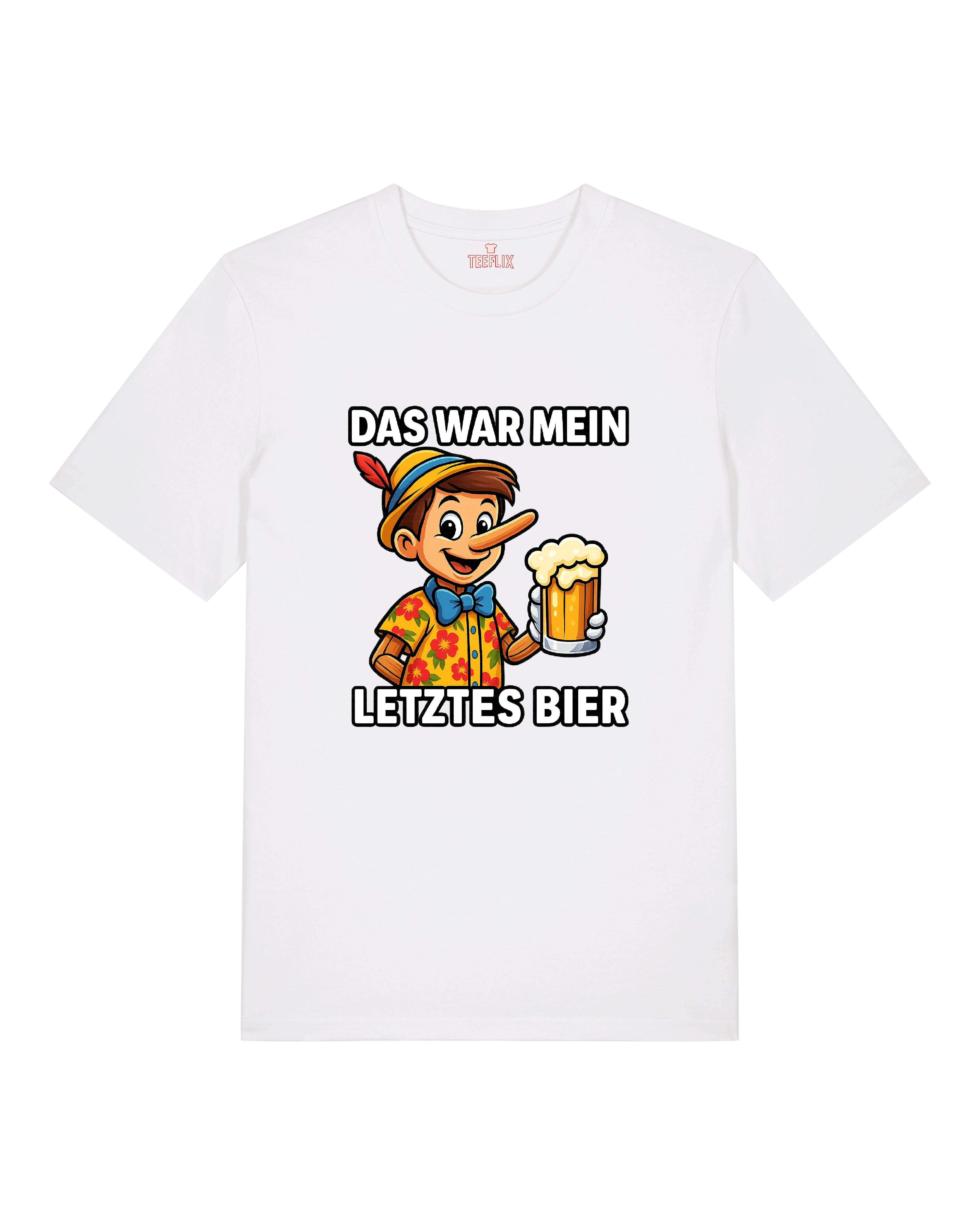 Weißes T-Shirt mit Bier trinkendem Pinocchio und frechem Spruch