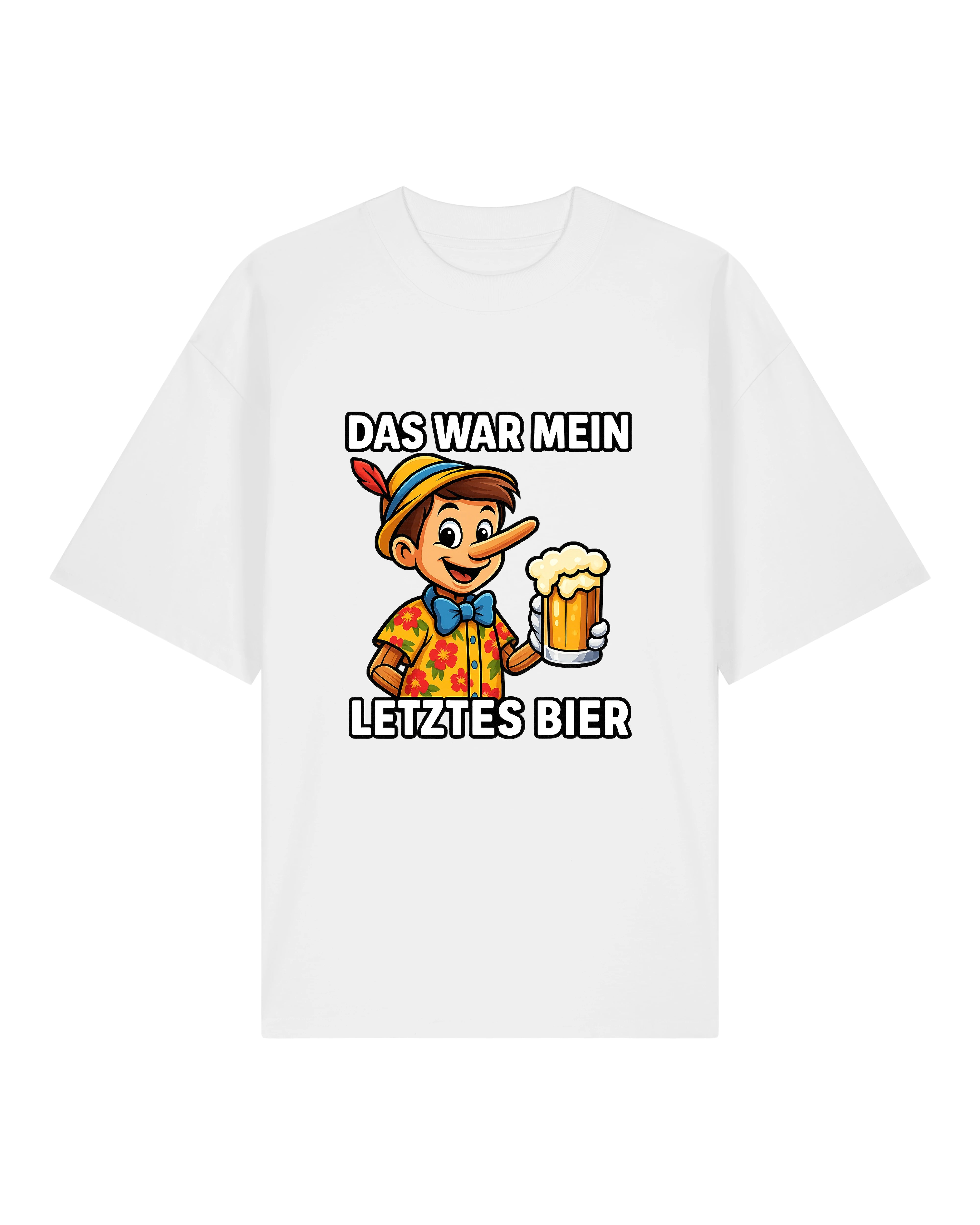 Weißes T-Shirt mit Bier trinkendem Pinocchio und frechem Spruch