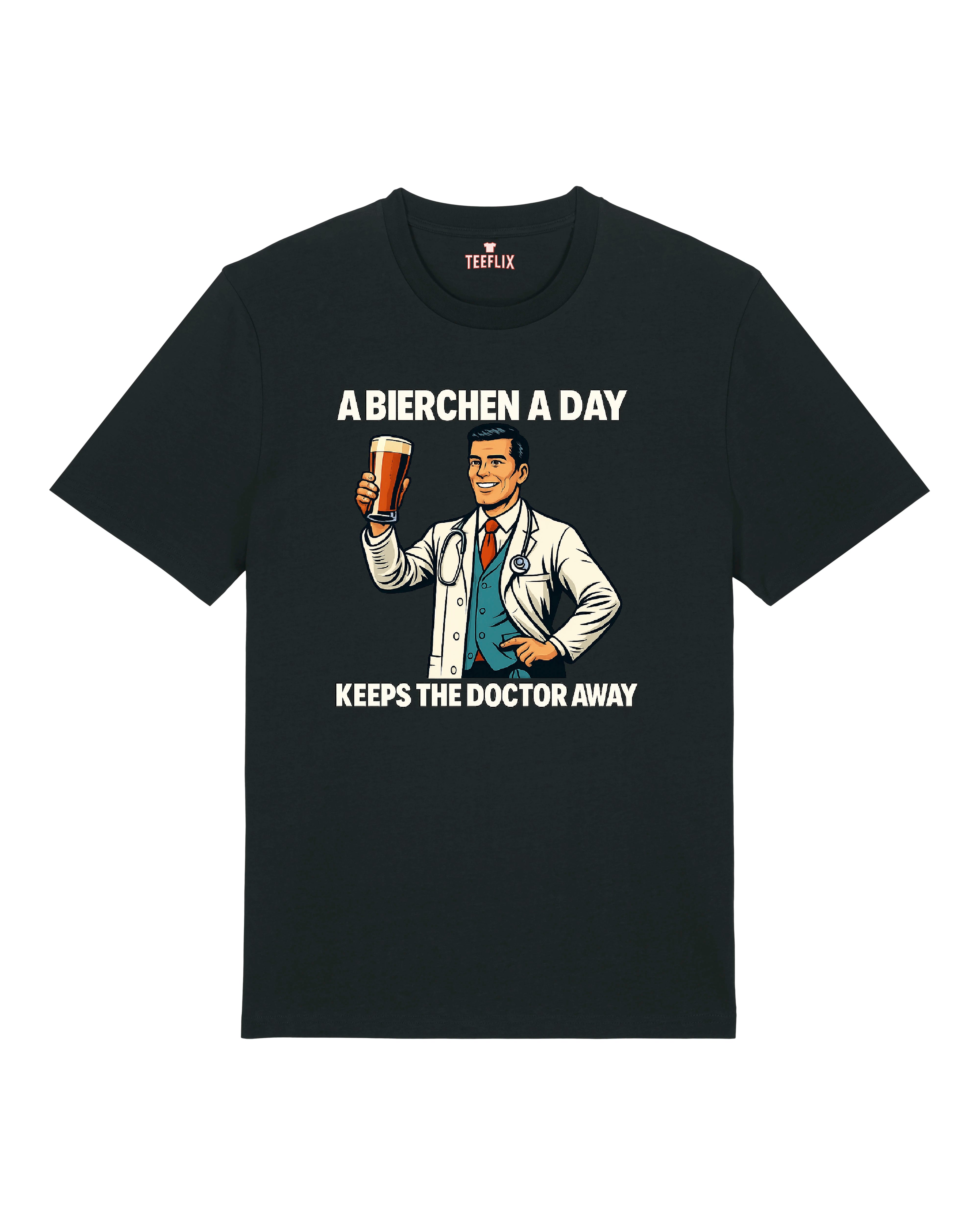 Schwarzes T-Shirt mit Arzt-Motiv und witzigem Bier-Spruch