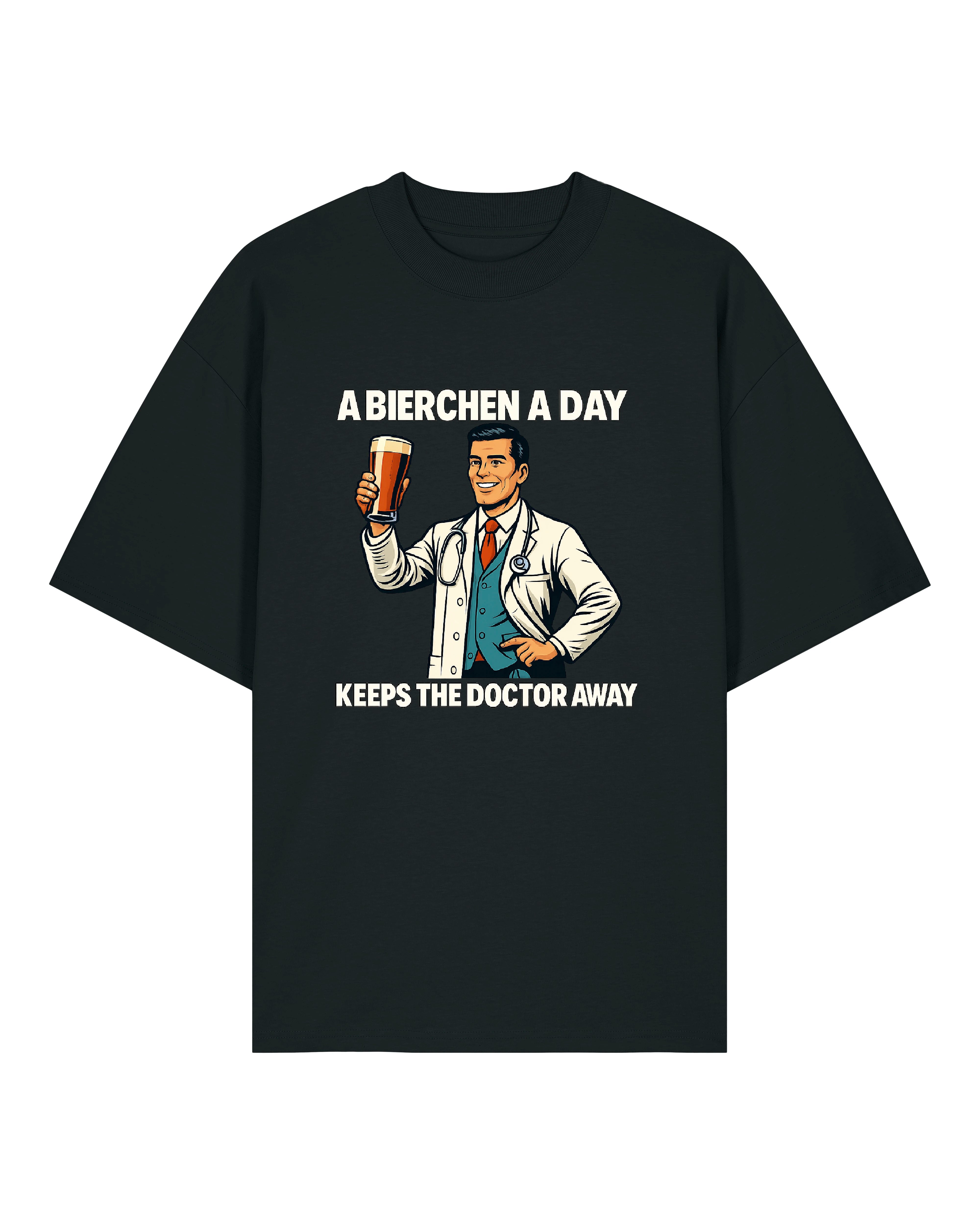 Schwarzes T-Shirt mit Arzt-Motiv und witzigem Bier-Spruch