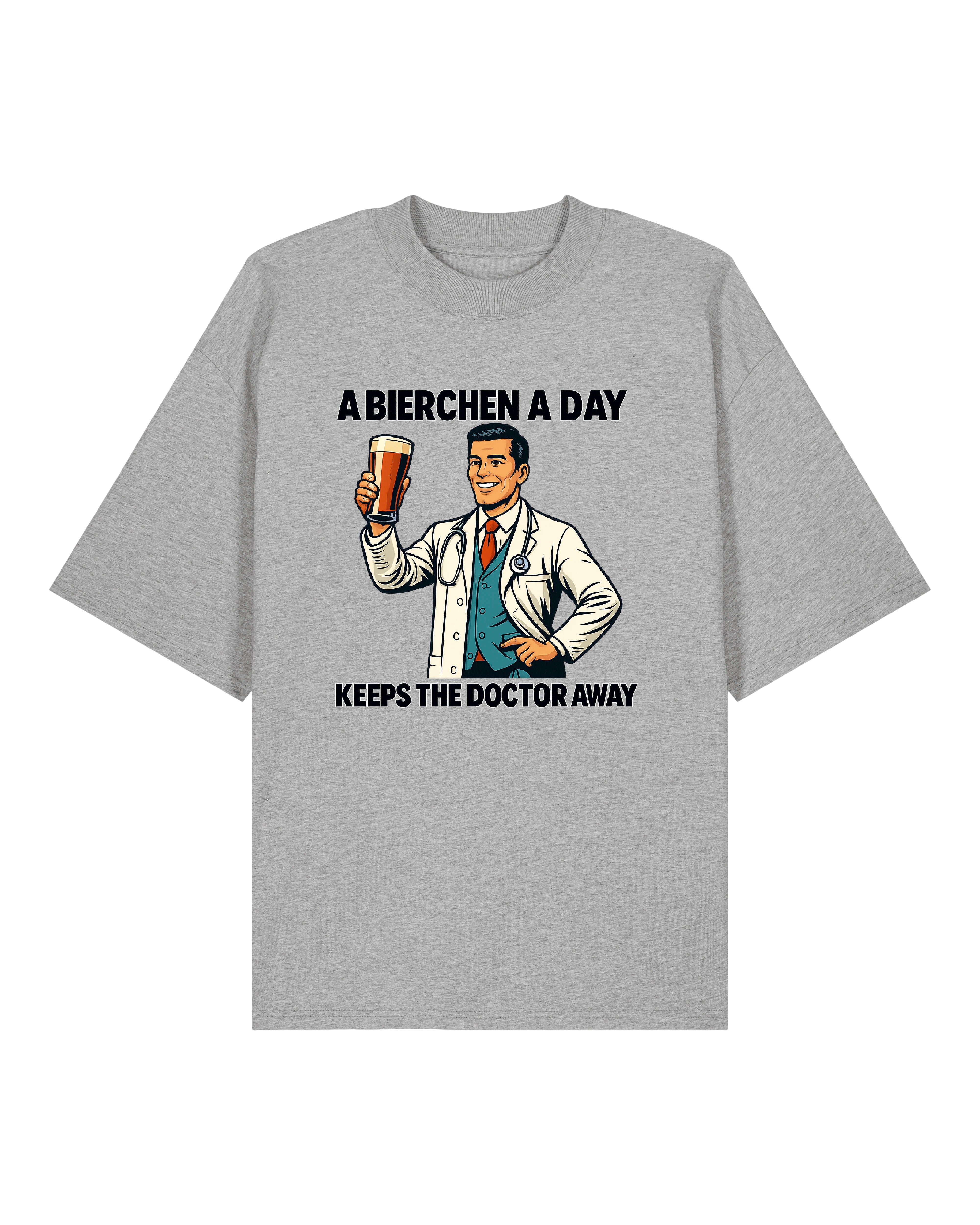 Graues T-Shirt mit Cartoon-Arzt und Text „A Bierchen a Day…“
