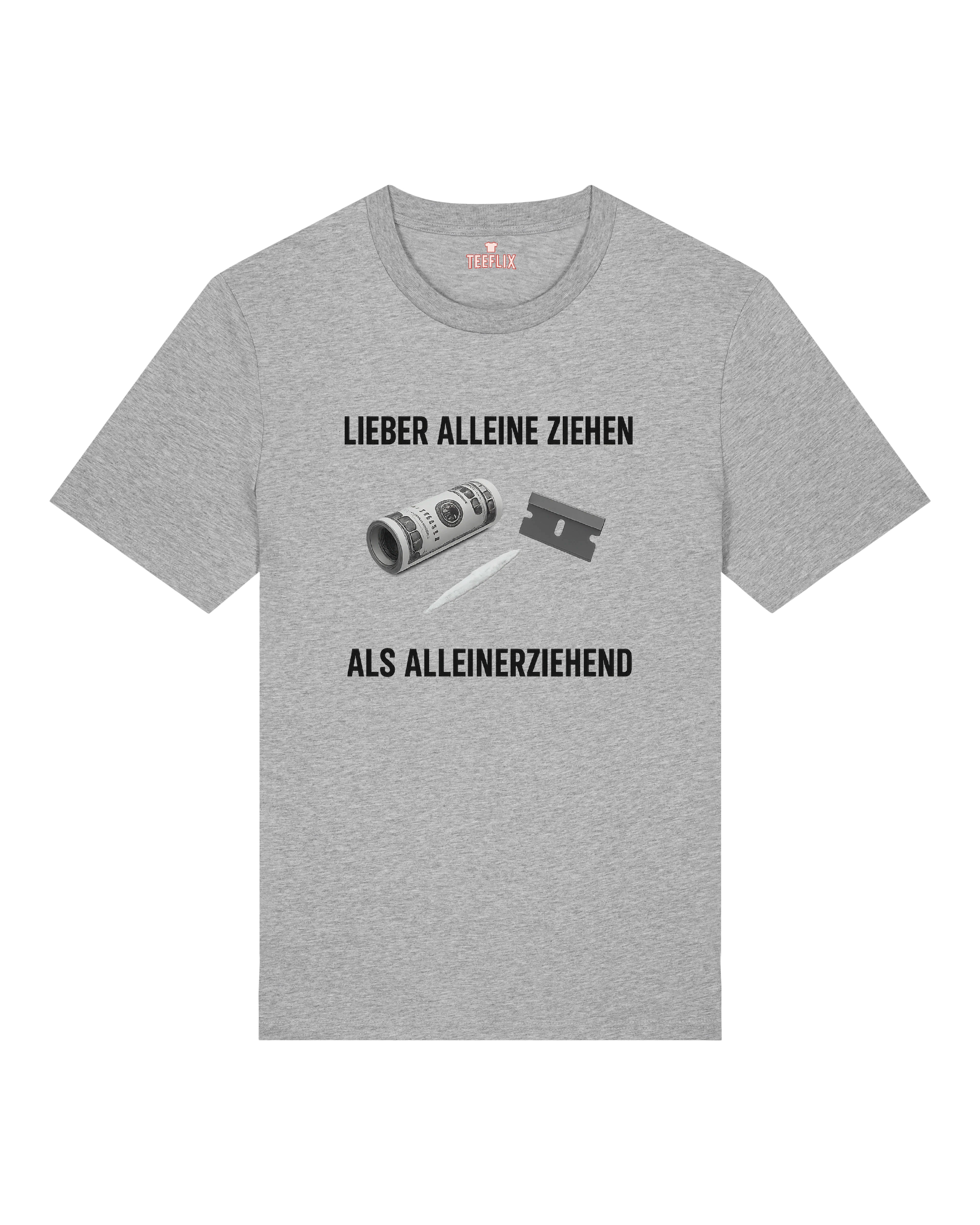 Graues Funshirt mit sarkastischem Aufdruck zu Drogen & Elternschaft – ironisch & provokant.