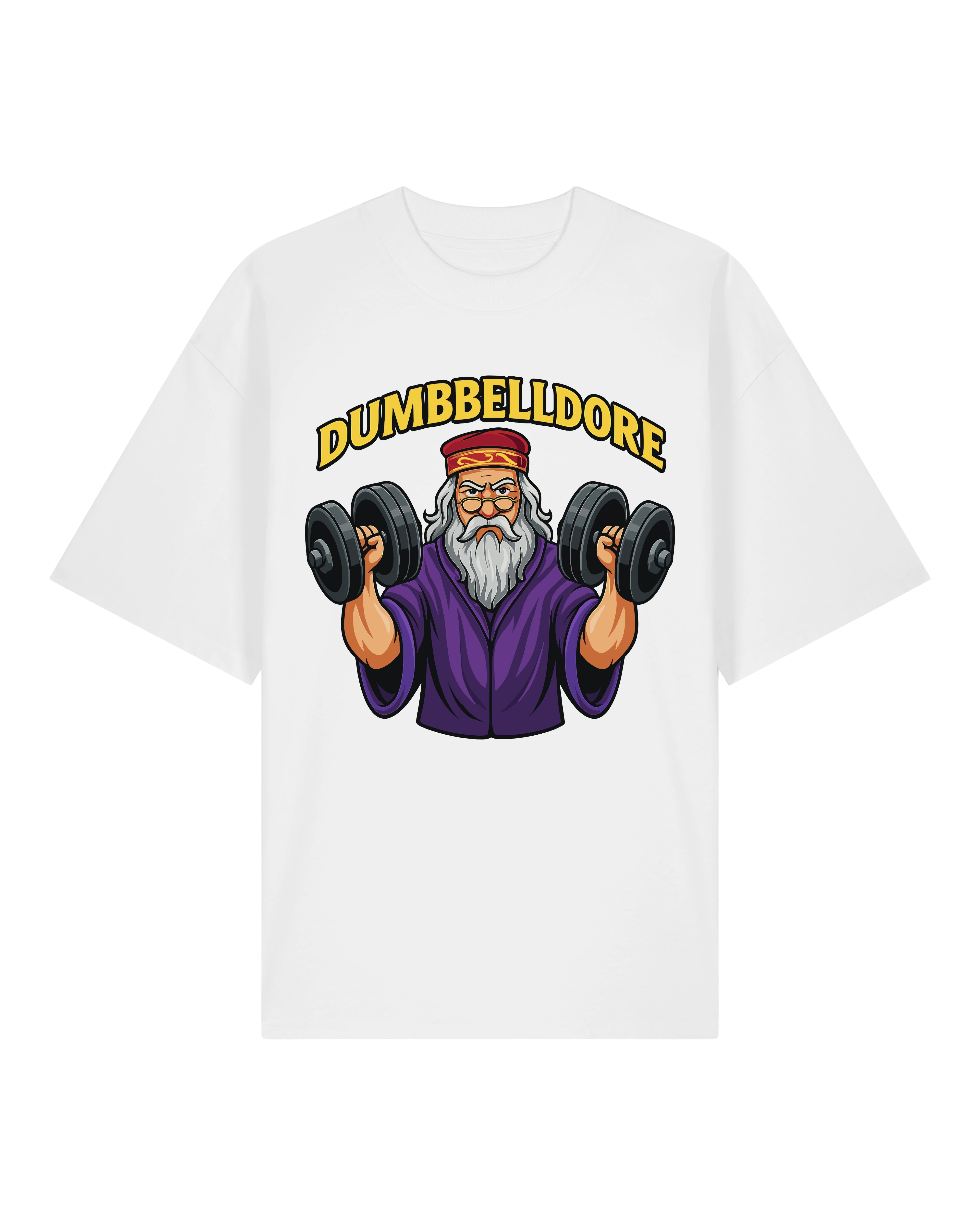 Lustiges Oversized Gym Shirt in Weiß – Dumbbelldore Motiv – Teeflix