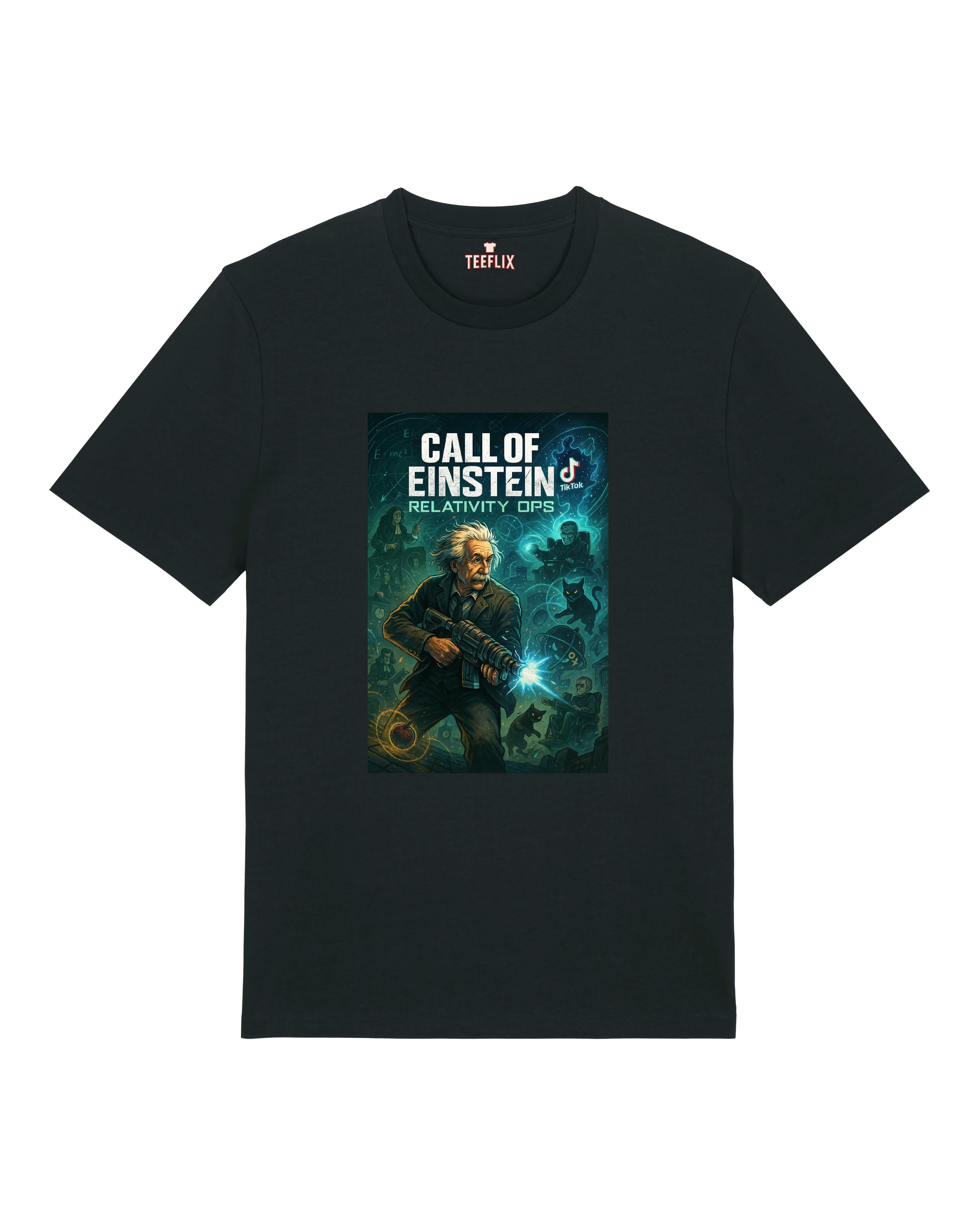 Ein schwarzes T-Shirt mit einem epischen Print von Albert Einstein in Kampfmontur, futuristischer Waffe in der Hand – Design: „Call of Einstein – Relativity Ops“.