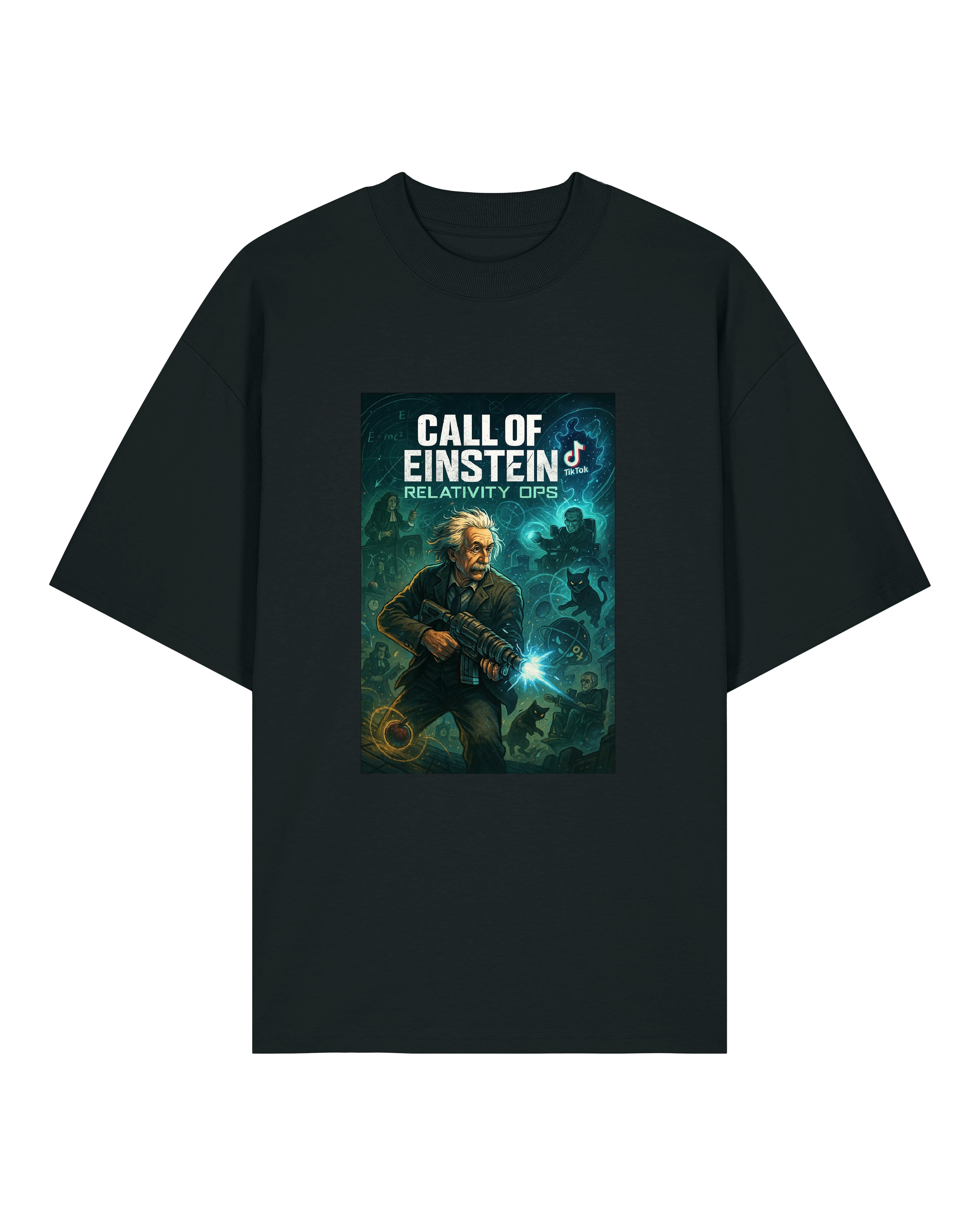 Ein schwarzes T-Shirt mit einem epischen Print von Albert Einstein in Kampfmontur, futuristischer Waffe in der Hand – Design: „Call of Einstein – Relativity Ops“.