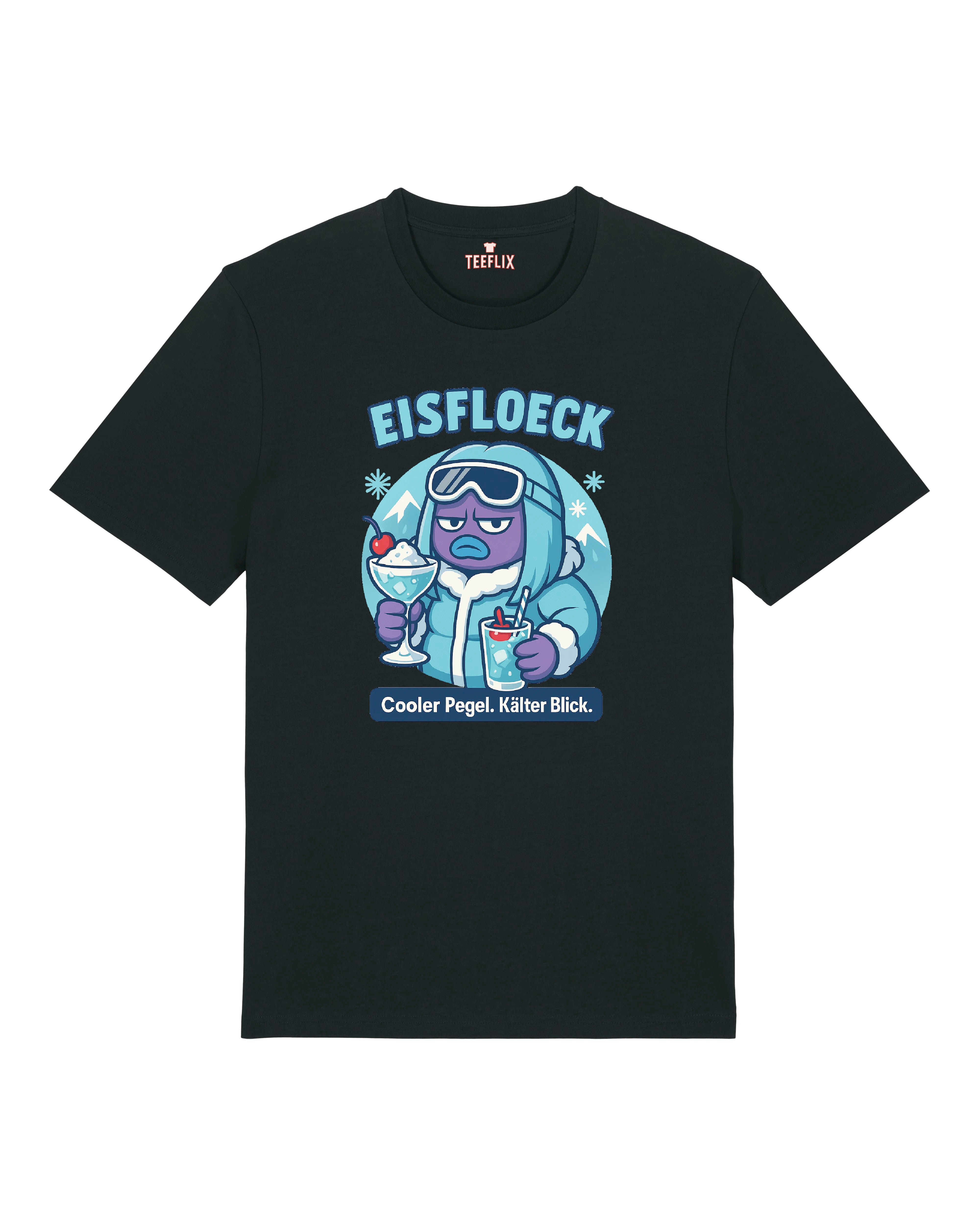 EISFLOECK T-Shirt in Schwarz mit frostigem Cartoon-Charakter und Drink
