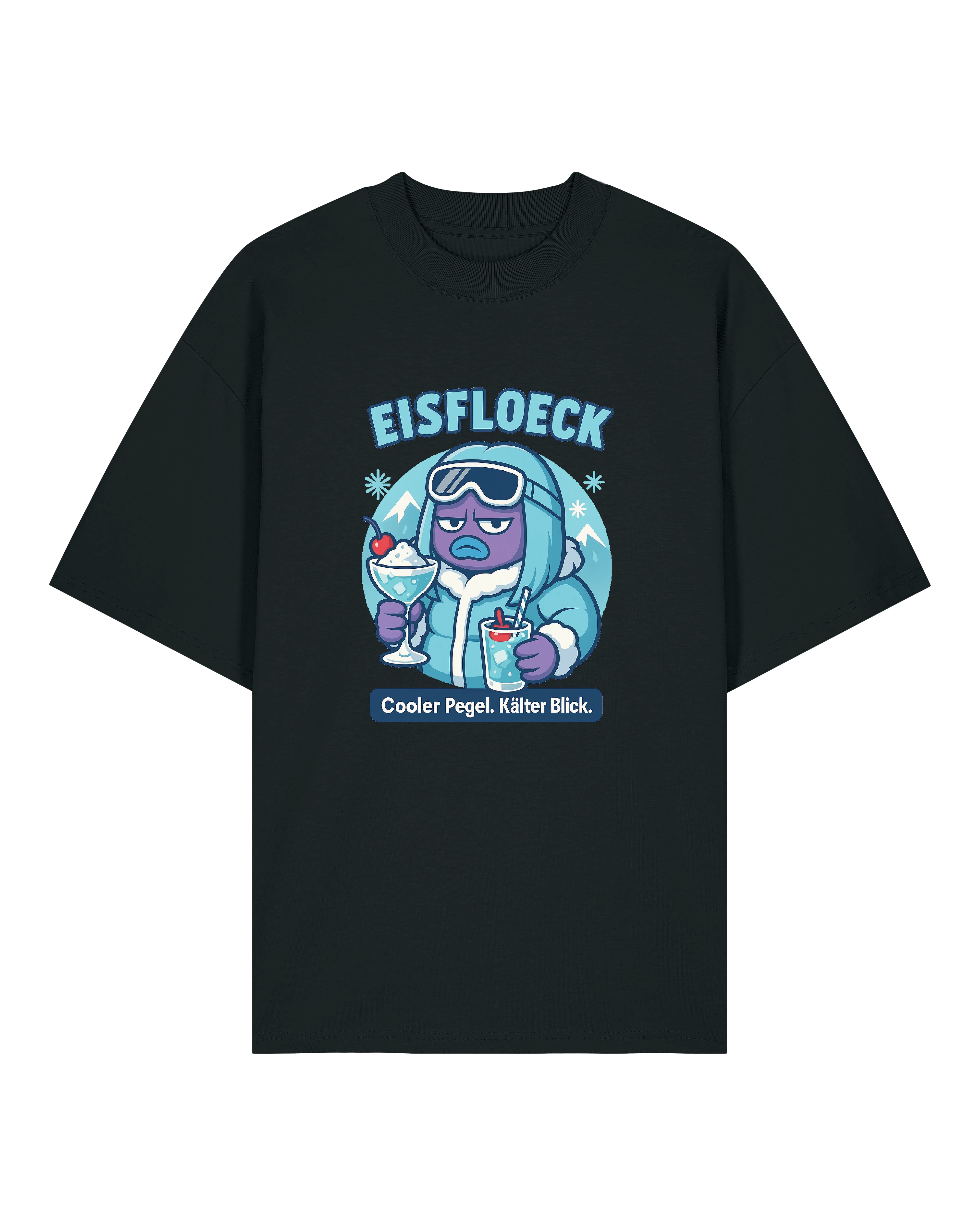 EISFLOECK T-Shirt in Schwarz mit frostigem Cartoon-Charakter und Drink