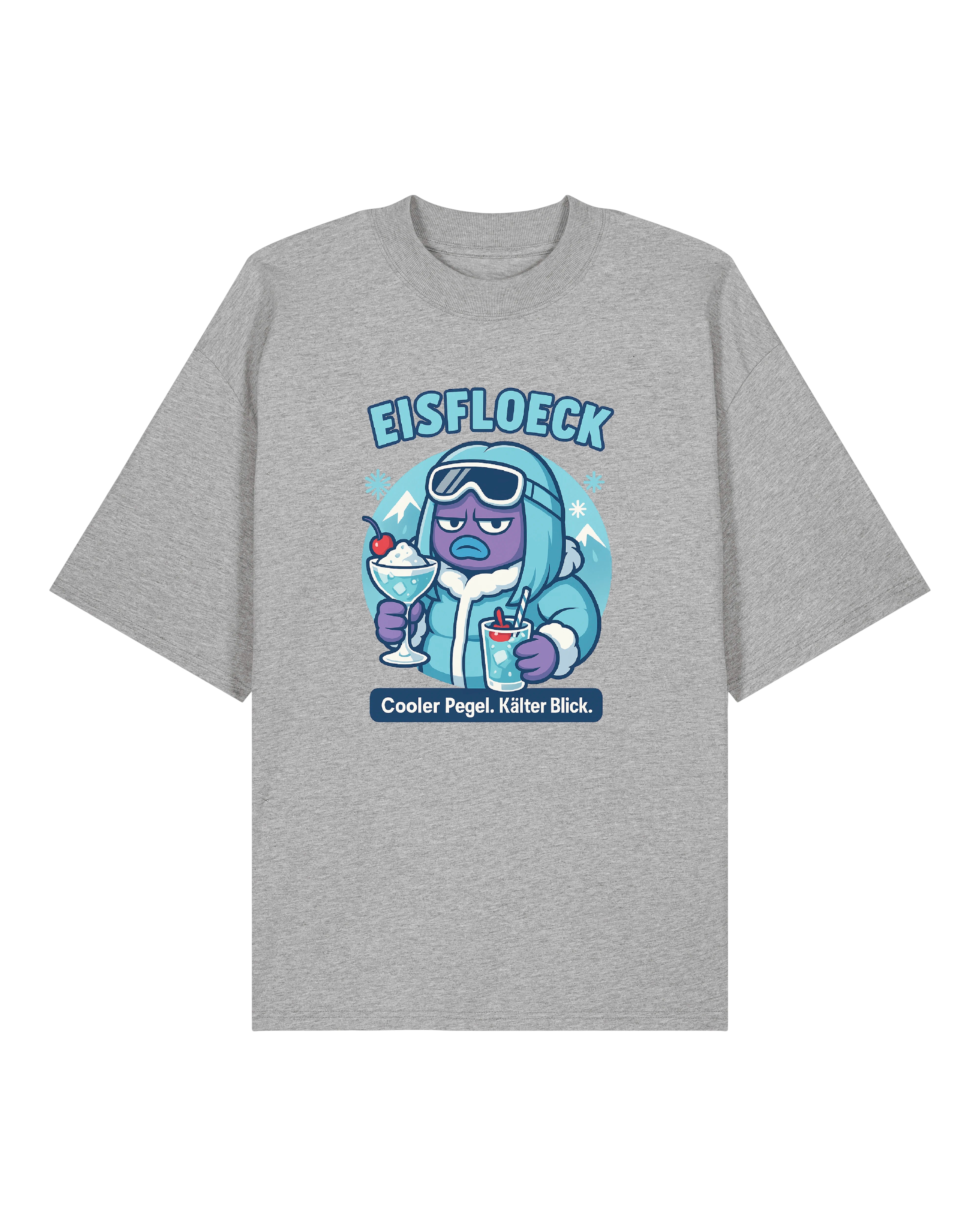 Grau meliertes EISFLOECK T-Shirt mit winterlichem Design und Drinks