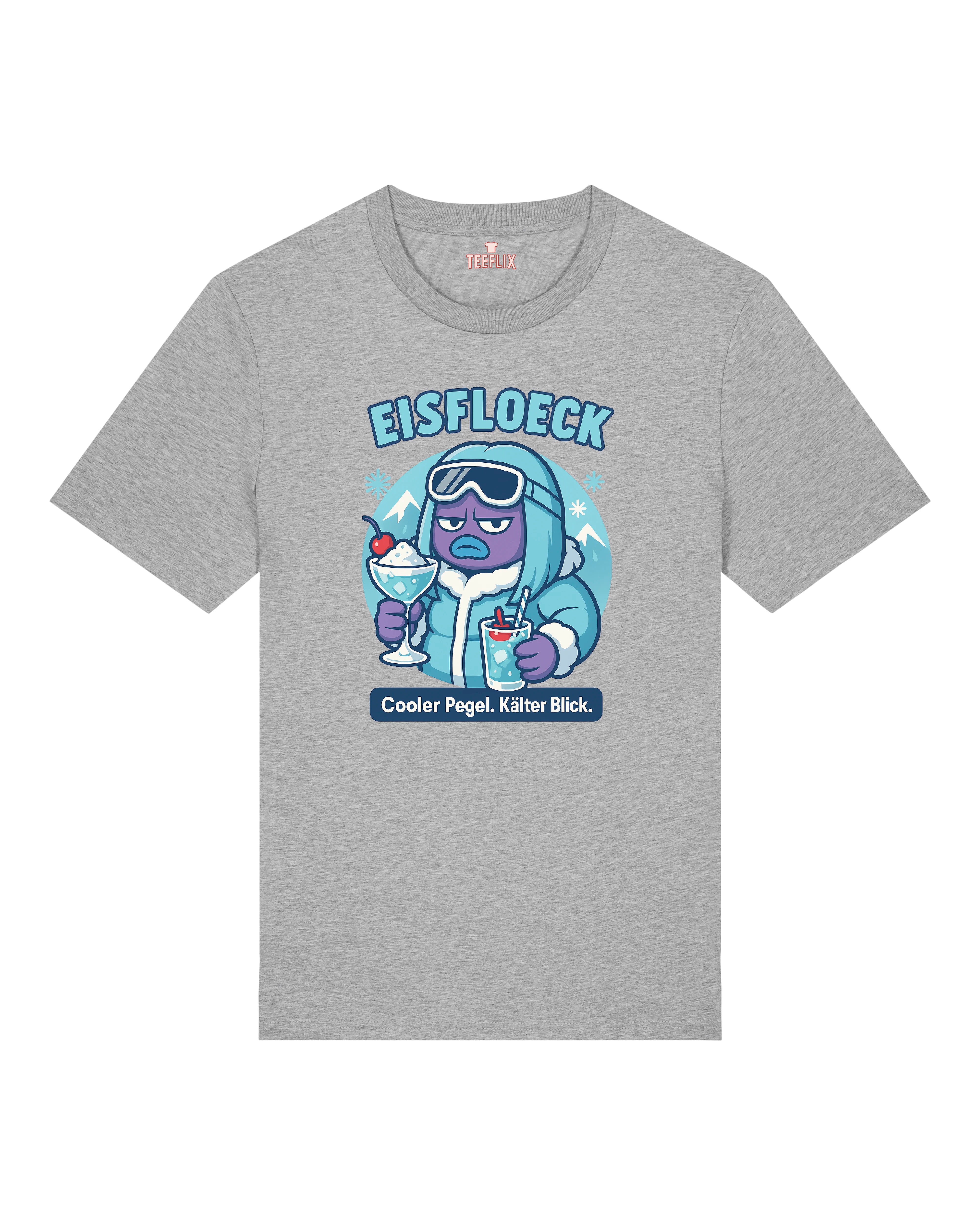 Grau meliertes EISFLOECK T-Shirt mit winterlichem Design und Drinks