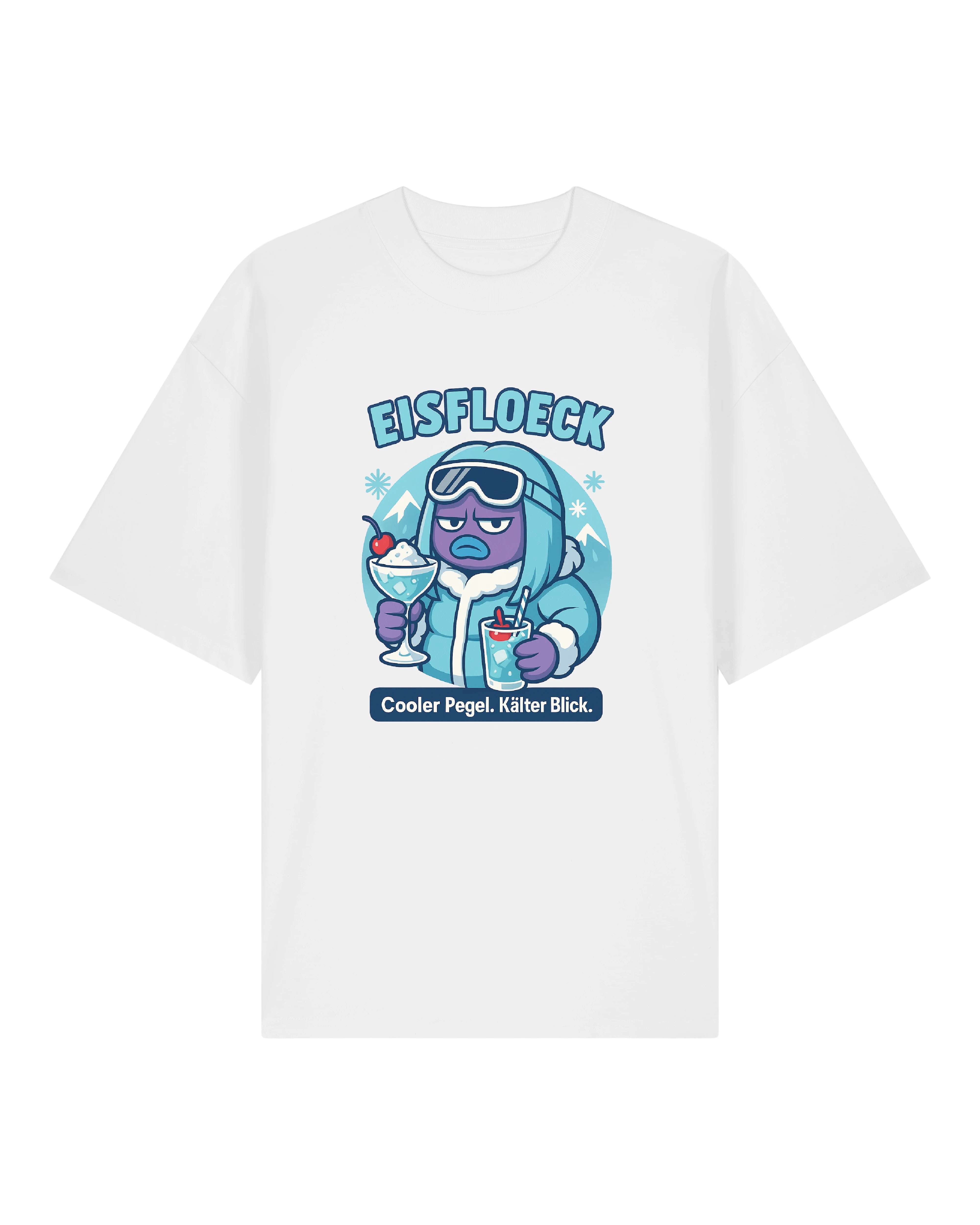 Weißes EISFLOECK Shirt mit cooler Figur, Schneebrille und Cocktail